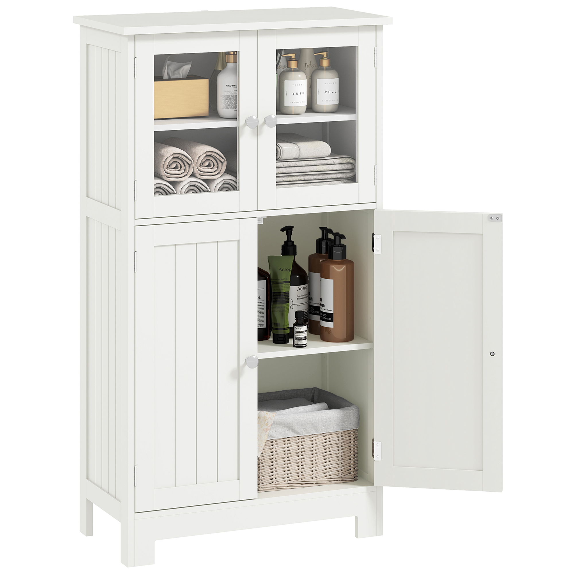 Multifunktionaler Badezimmerschrank Mit Glastüren Und Verstellbarem Einlegeboden, 60 X 30 X 108,5 Cm, Weiß
