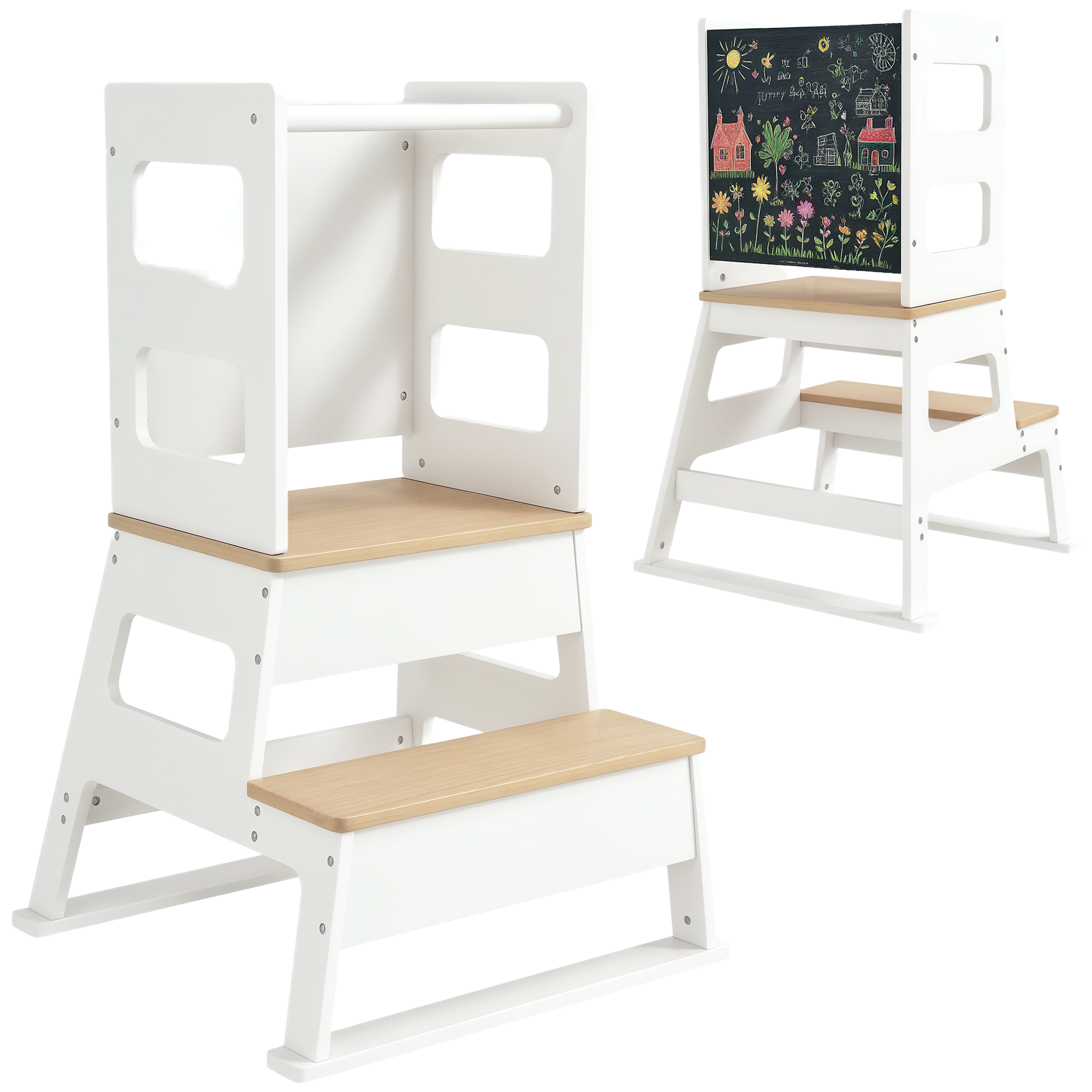 Montessori-turm Für Kinder Mit Tafel Und Geländer, Aus Holz, 55 X 52,5 X 87,5 Cm, Weiß Und Holz.