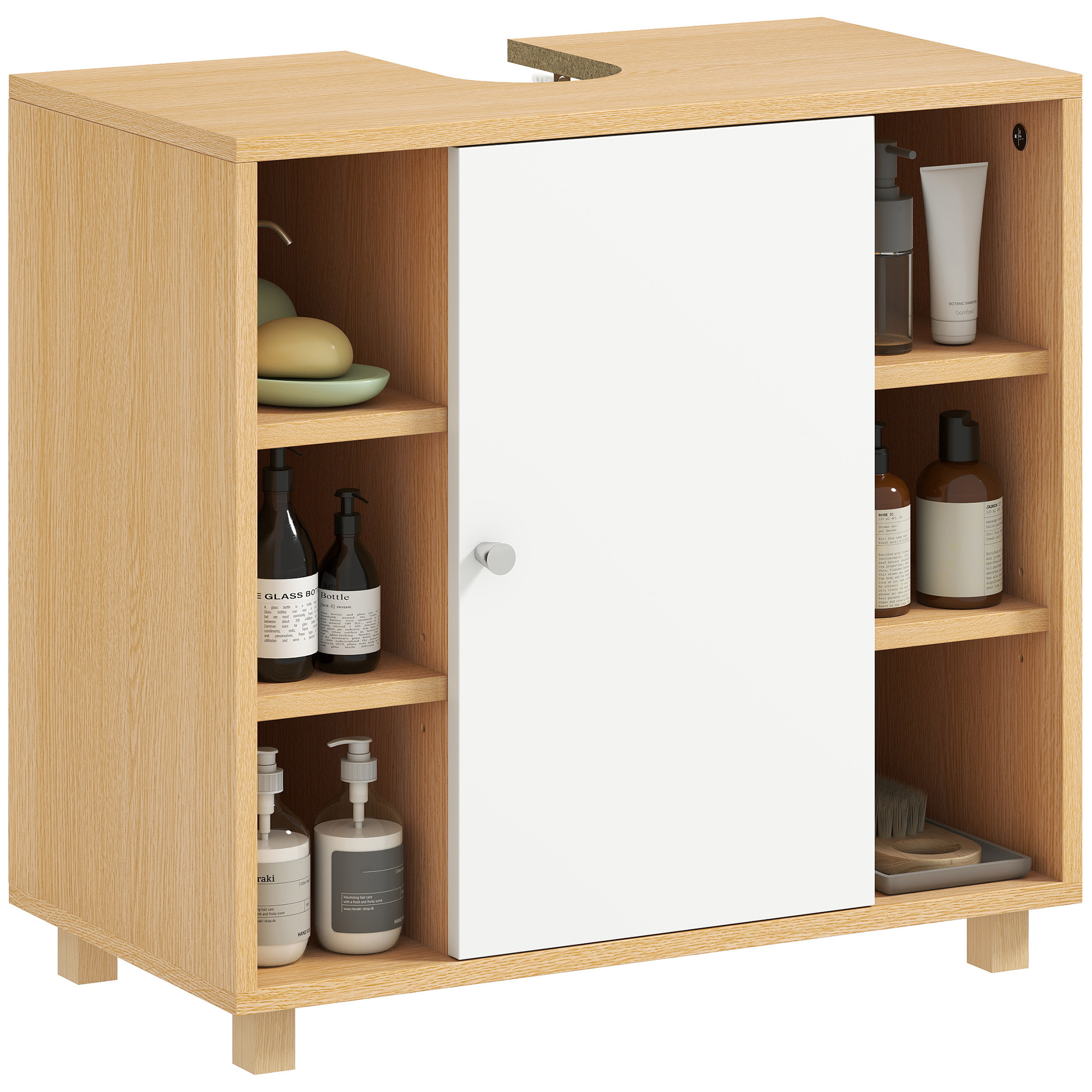 Badezimmerschrank Mit 2 Soft-close-türen Und 6 Offenen Regalböden, 60 X 33 X 57 Cm, Weiß