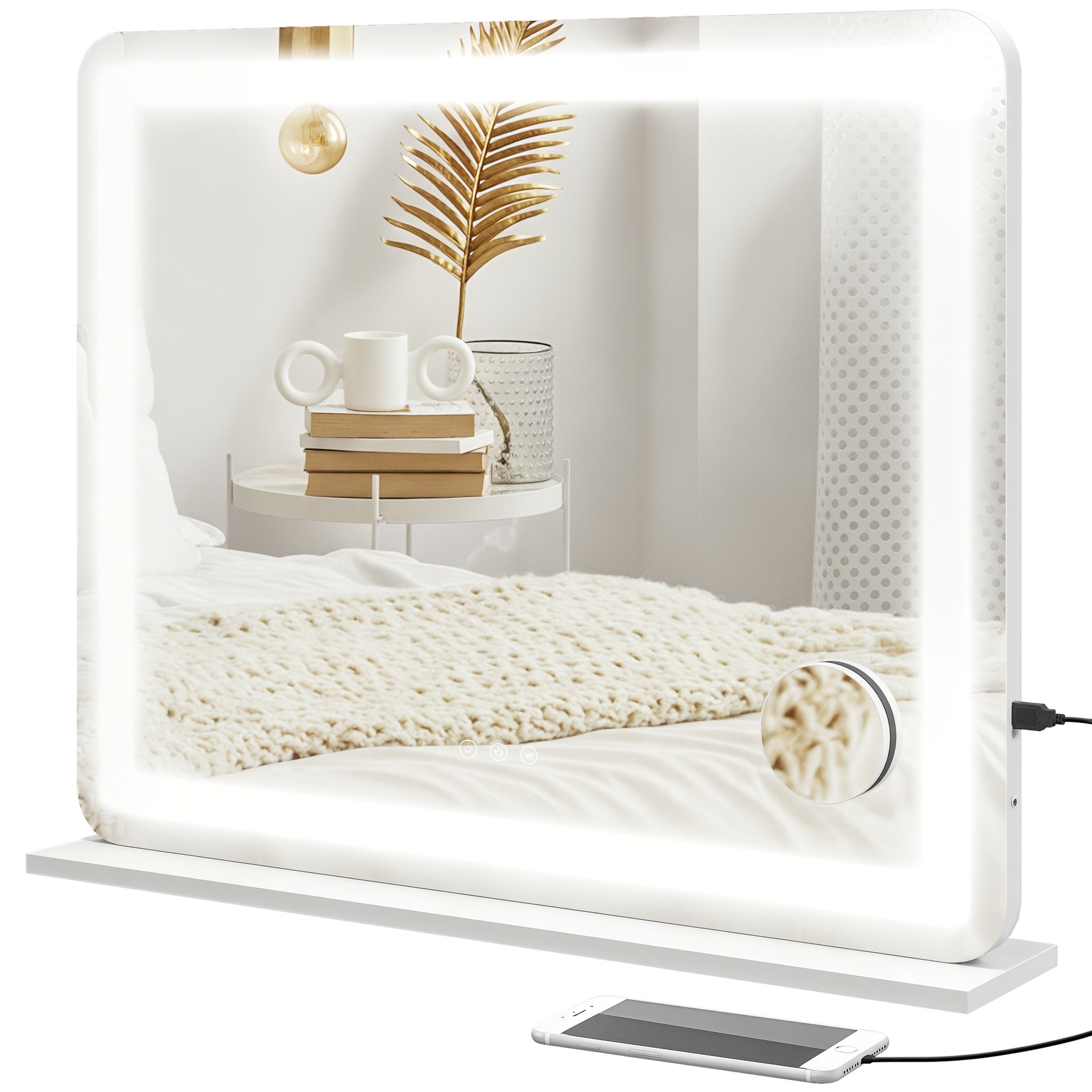 Kosmetikspiegel Mit Einstellbarer Led-beleuchtung, 10-facher Vergrößerung, Usb-anschluss Und Touch-bedienelementen, 80 X 62 X 14 Cm
