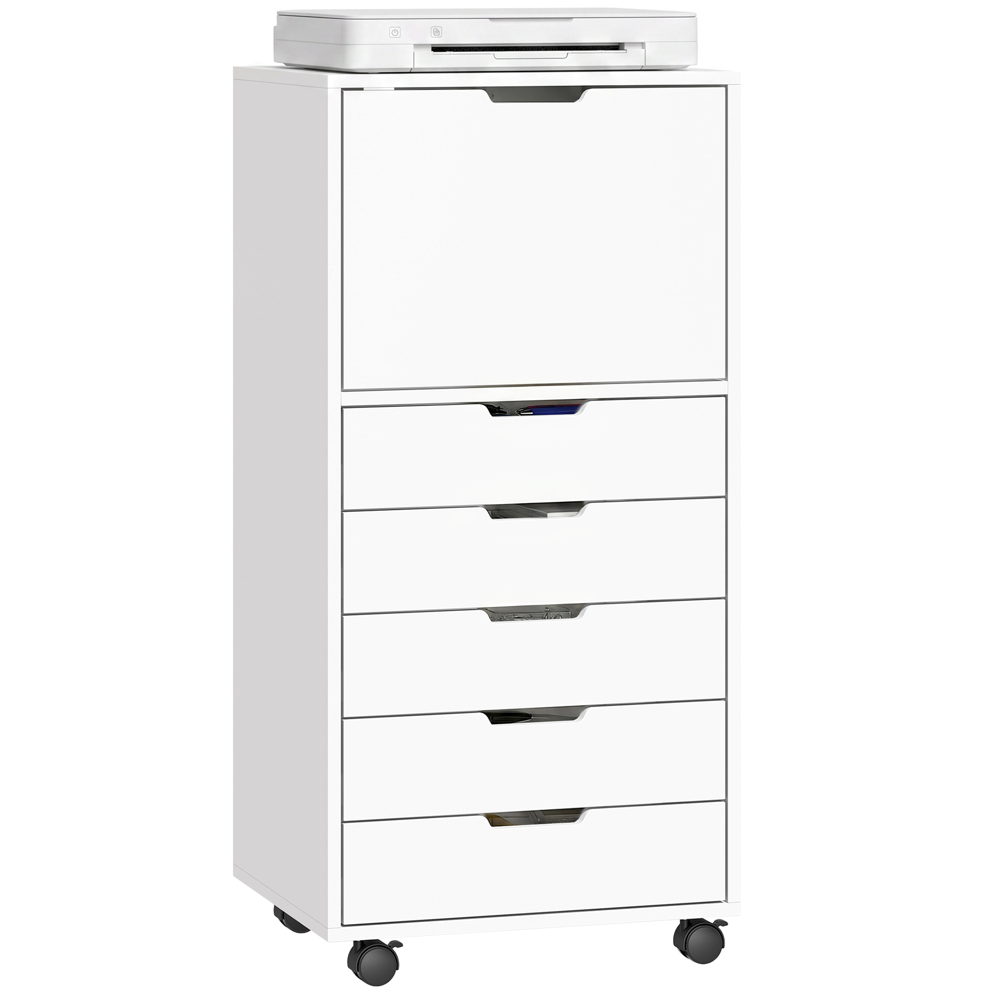 Büro-aktenschrank Mit 5 Schubladen, Rollen, Schubladen Mit Soft-close-funktion Und Druckerablage – Weiß