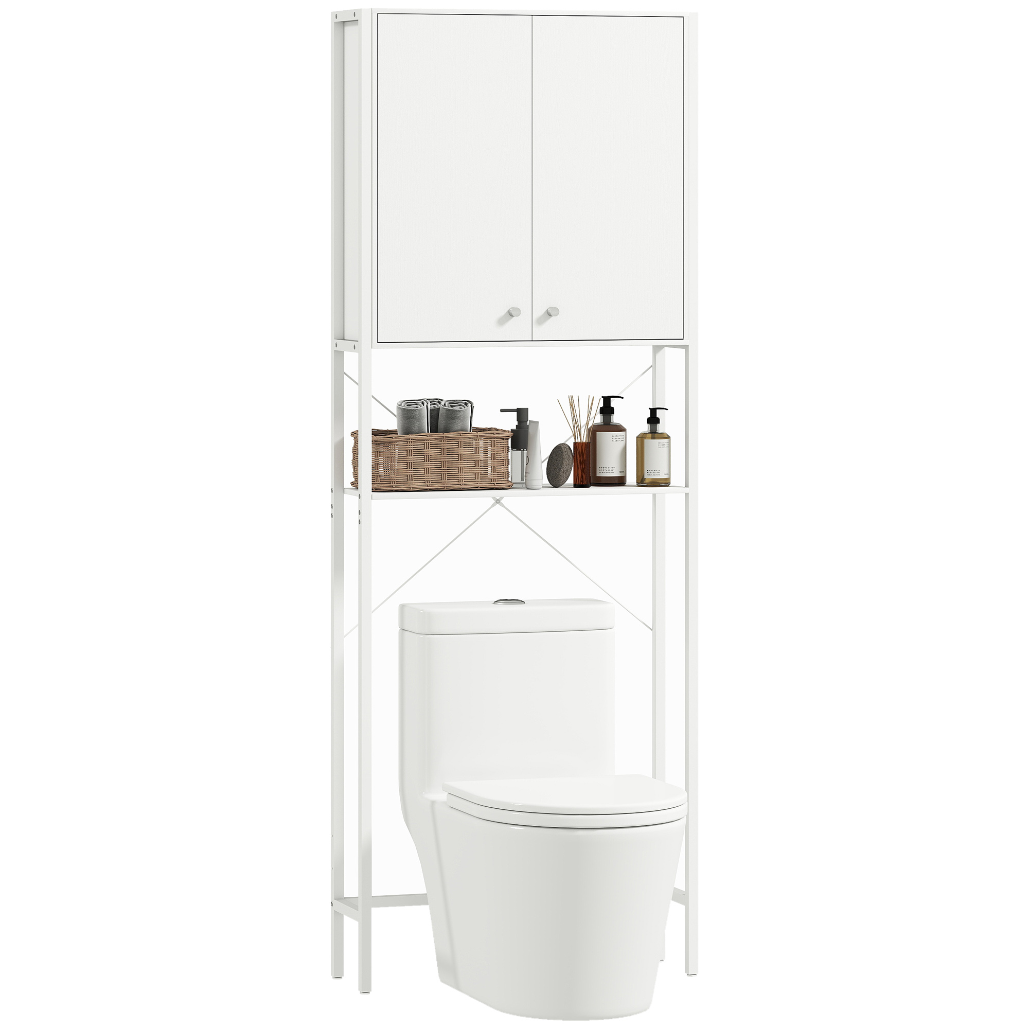 Badezimmerschrank Über Toilette Und Waschmaschine, Mit Schrankfach Und Offenem Regal, 64 X 20 X 180 Cm, Weiß