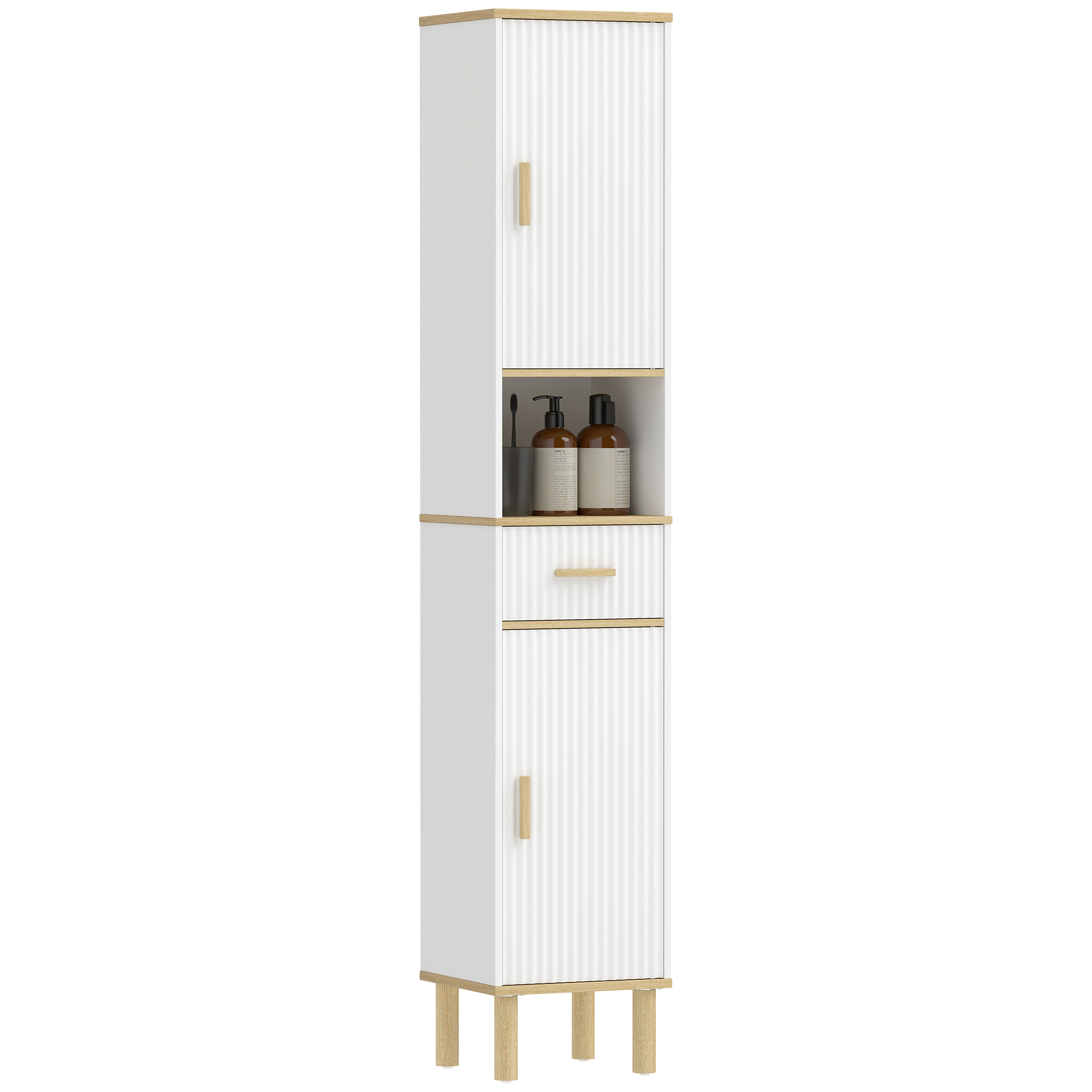 Schmaler Badezimmerschrank Mit Verstellbaren Einlegeböden, Schublade Und Offenem Fach, 31,5 X 29,7 X 171,5 Cm, Weiß