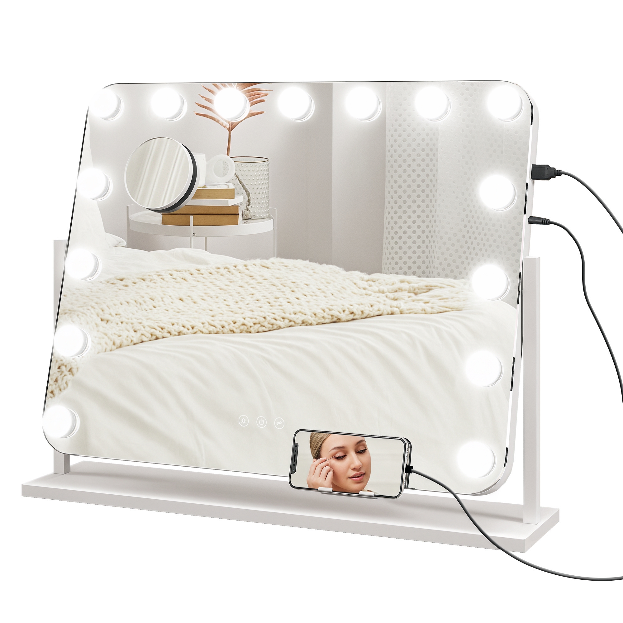 Kosmetikspiegel Mit 14 Verstellbaren Leds Und Usb-ladefunktion, Glas Und Metall, 62,5 X 14 X 49,5 Cm, Weiß