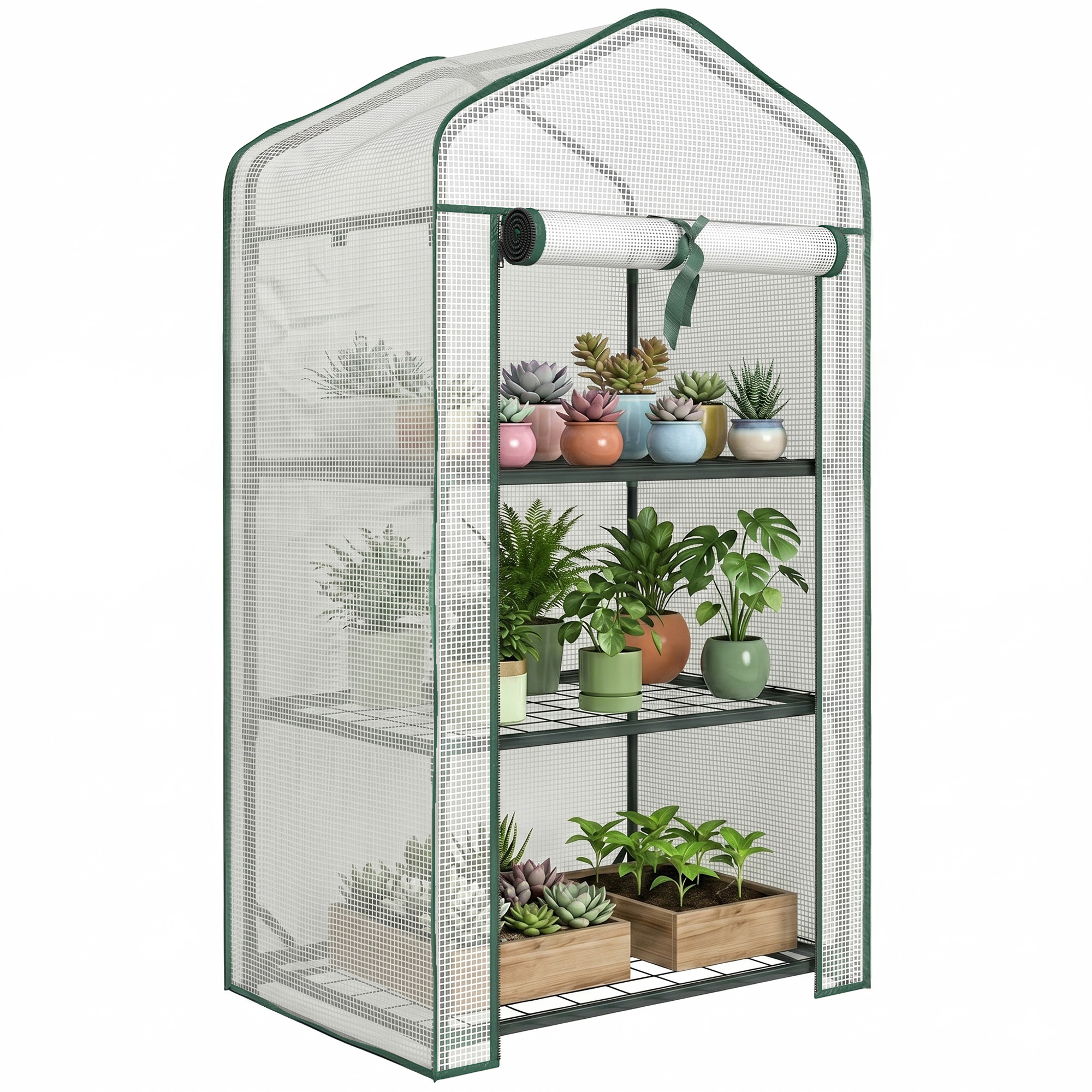 Mini-gartengewächshaus Mit Pe-folie, 3 Regalböden Und Rolltür, 59 X 39 X 127 Cm, Weiß