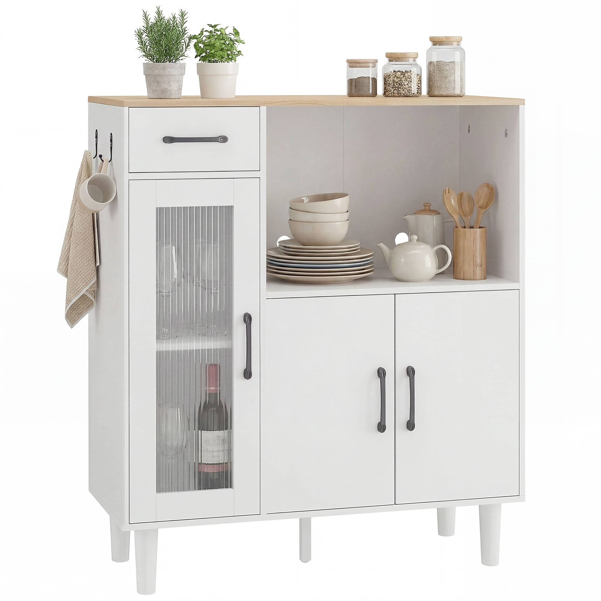Küchen-sideboard, Aufbewahrungsmöbel Mit Schublade, 3 Türen (davon 1 Aus Geriffeltem Acrylglas), Offenes Fach, Weiß Und Eiche