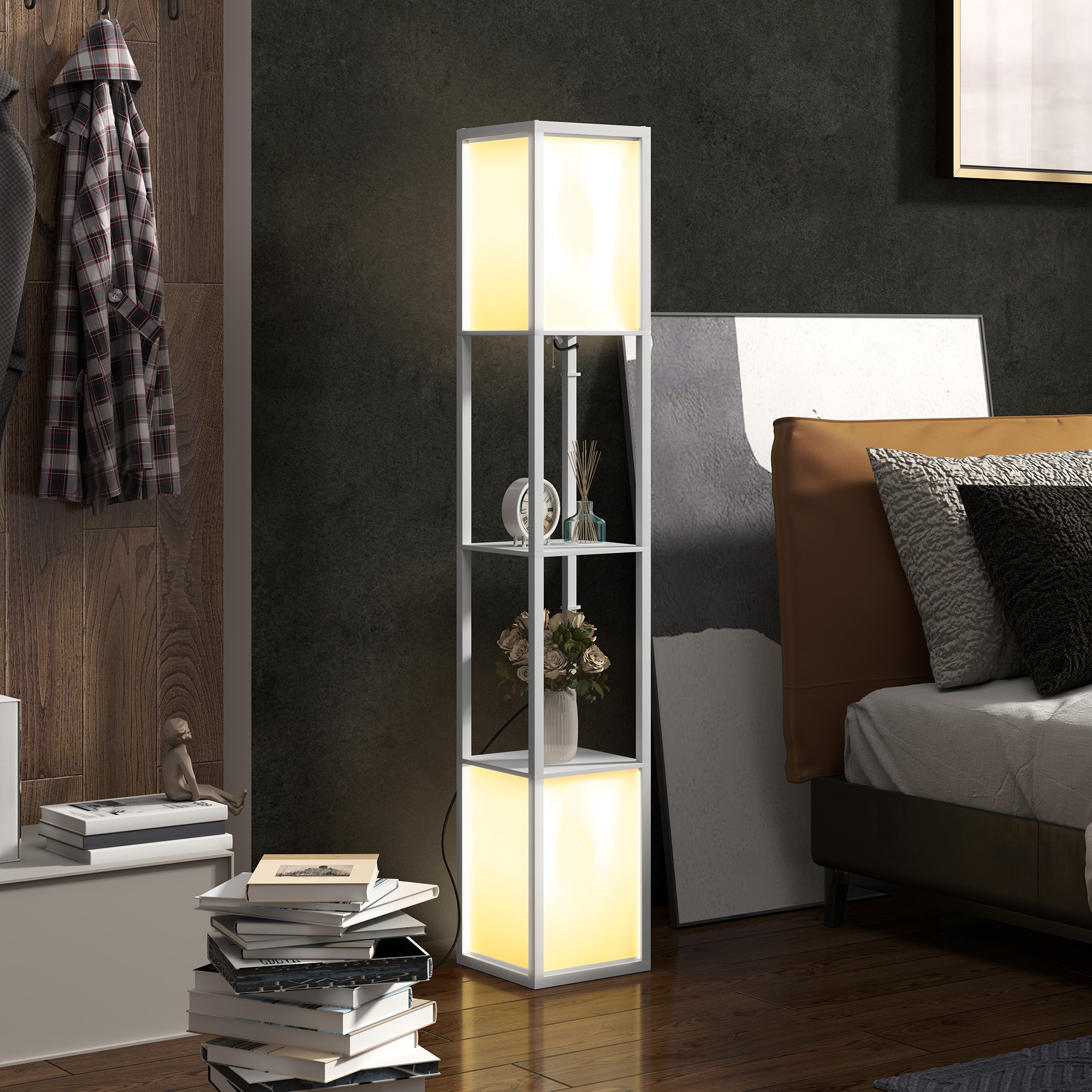 Moderne Stehlampe Mit 2 Lampenschirmen Und 2 Ablagen Für E27-leuchtmittel (max. 40 W), 26 X 26 X 156 Cm, Weiß