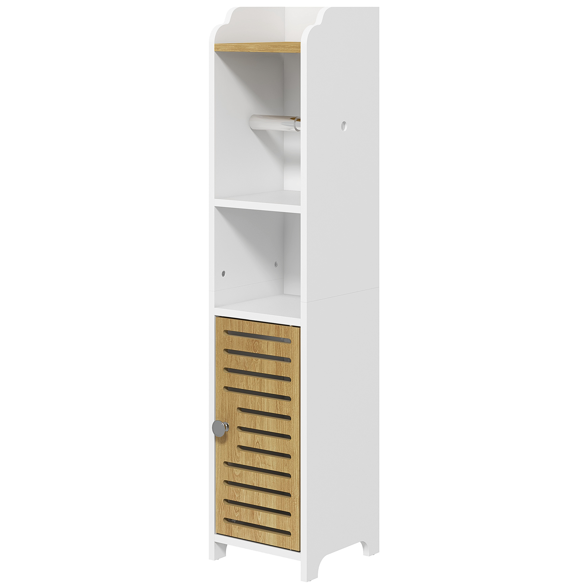 Moderner Badezimmerschrank Mit Toilettenpapierhalter, Ablagen, 1 Tür, 18 X 20 X 90 Cm, Weiß Und Eiche