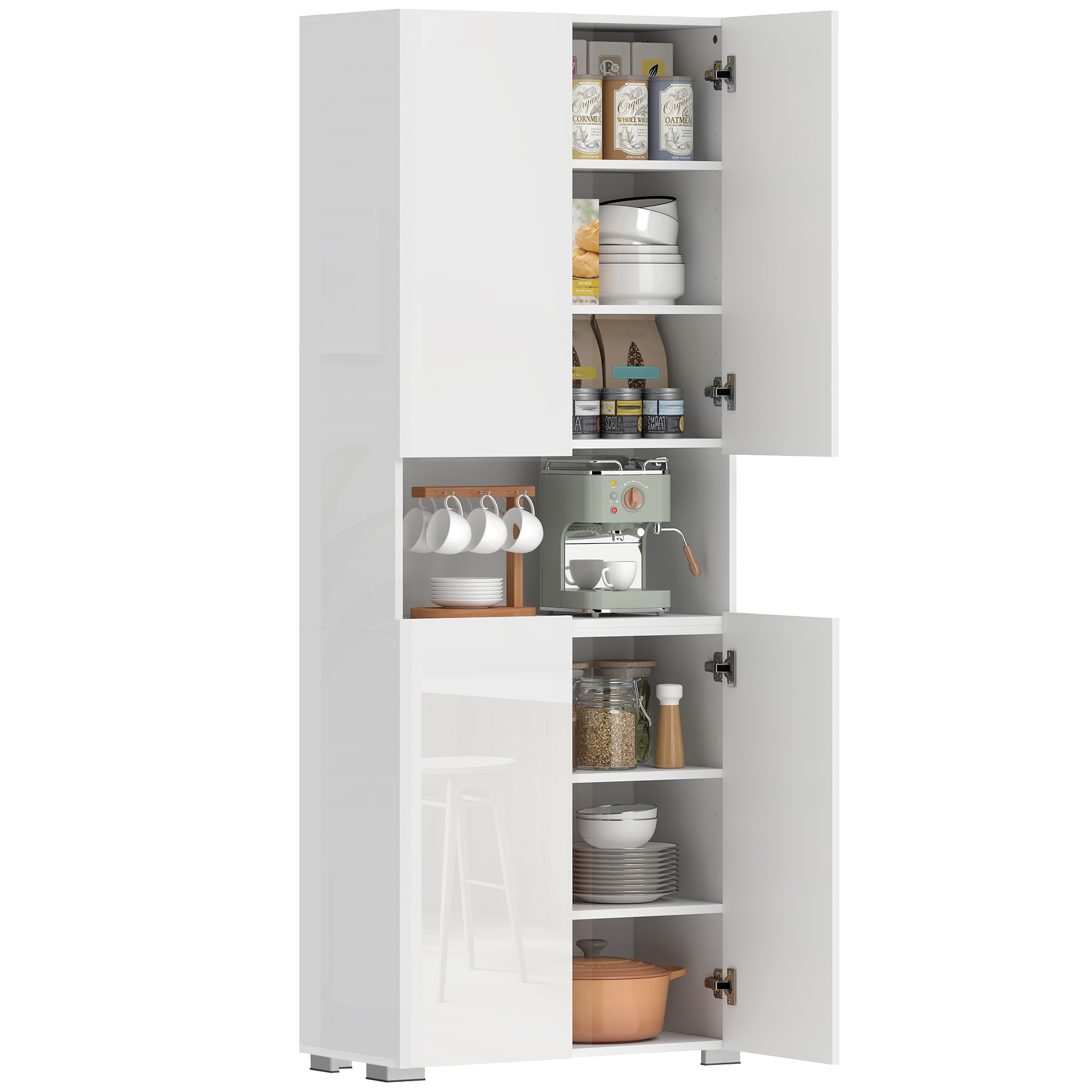Küchenschrank Mit 4 Türen, Offenem Fach, Verstellbaren Einlegeböden, 68 X 34 X 180 Cm, Hochglanzweiß