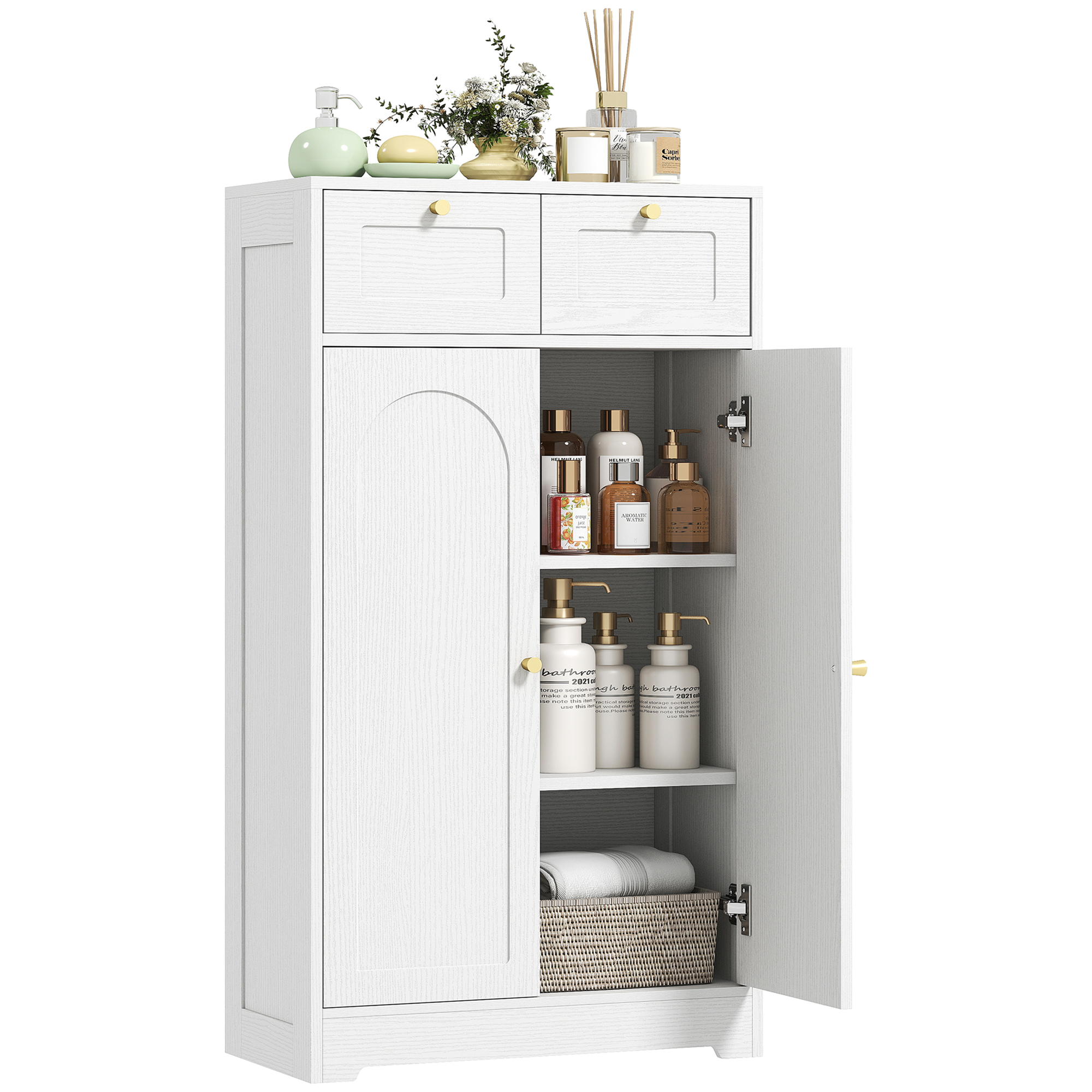 Schmaler Badezimmerschrank Mit 2 Schubladen, Offenem Fach Und Bogentür, 60 X 30 X 108 Cm, Weiß Geädert