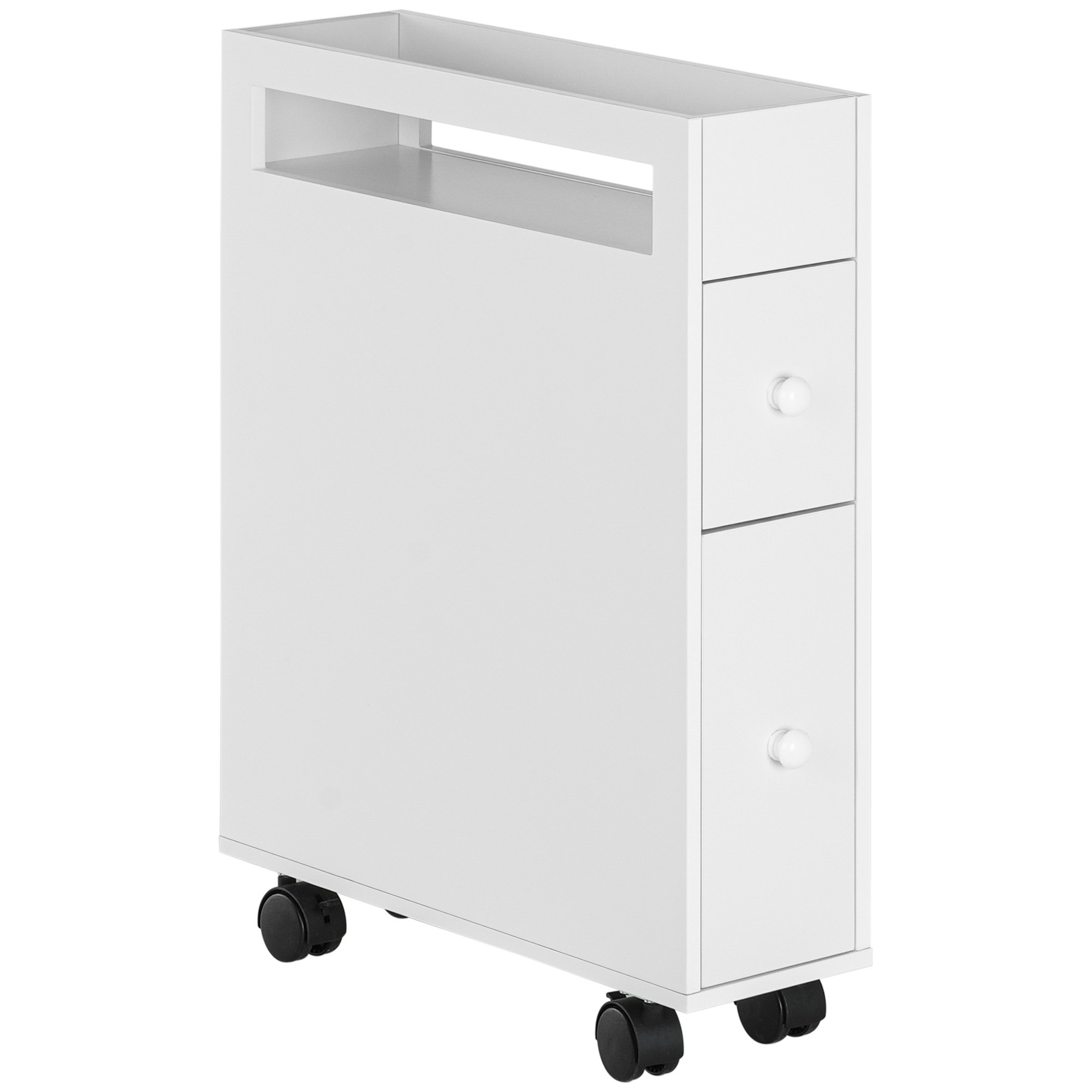 Schmaler Badezimmerschrank, Zwei Schubladen, Vier Rollen, Weiß, 16 X 49,5 X 66 Cm