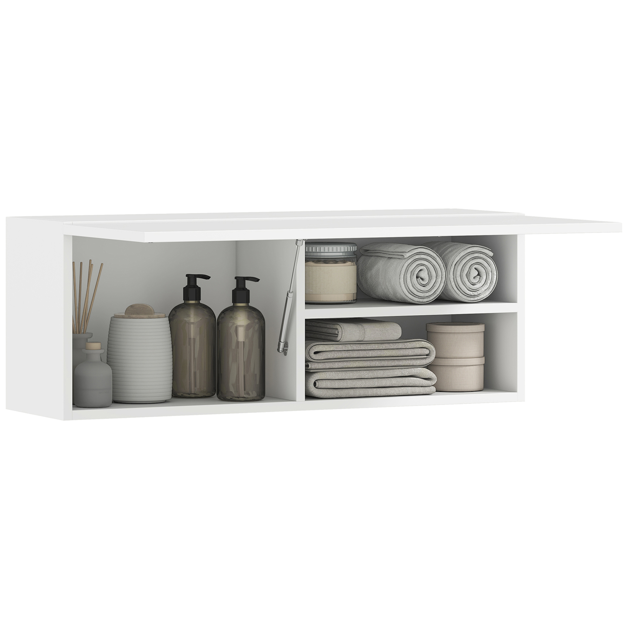 Wandhängender Badezimmerschrank Mit Klapptür, Gasdruckfeder Und Ablagefläche, 80 X 25 X 30 Cm, Weiß