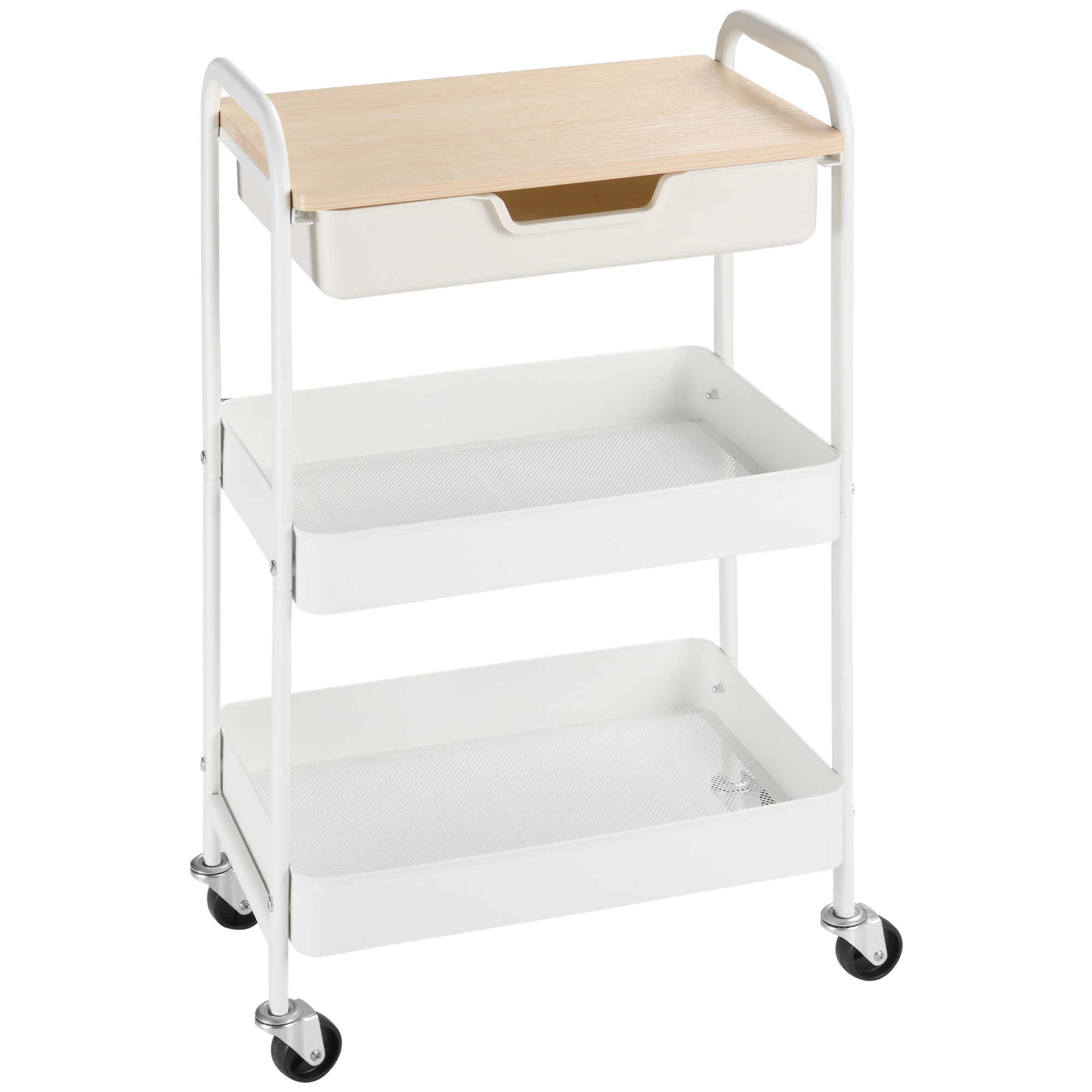 Küchenwagen Mit Rollen, 2 Ablagen, Schublade, Staufach, 4 Rollen, Griffe, Stahl, Weiß