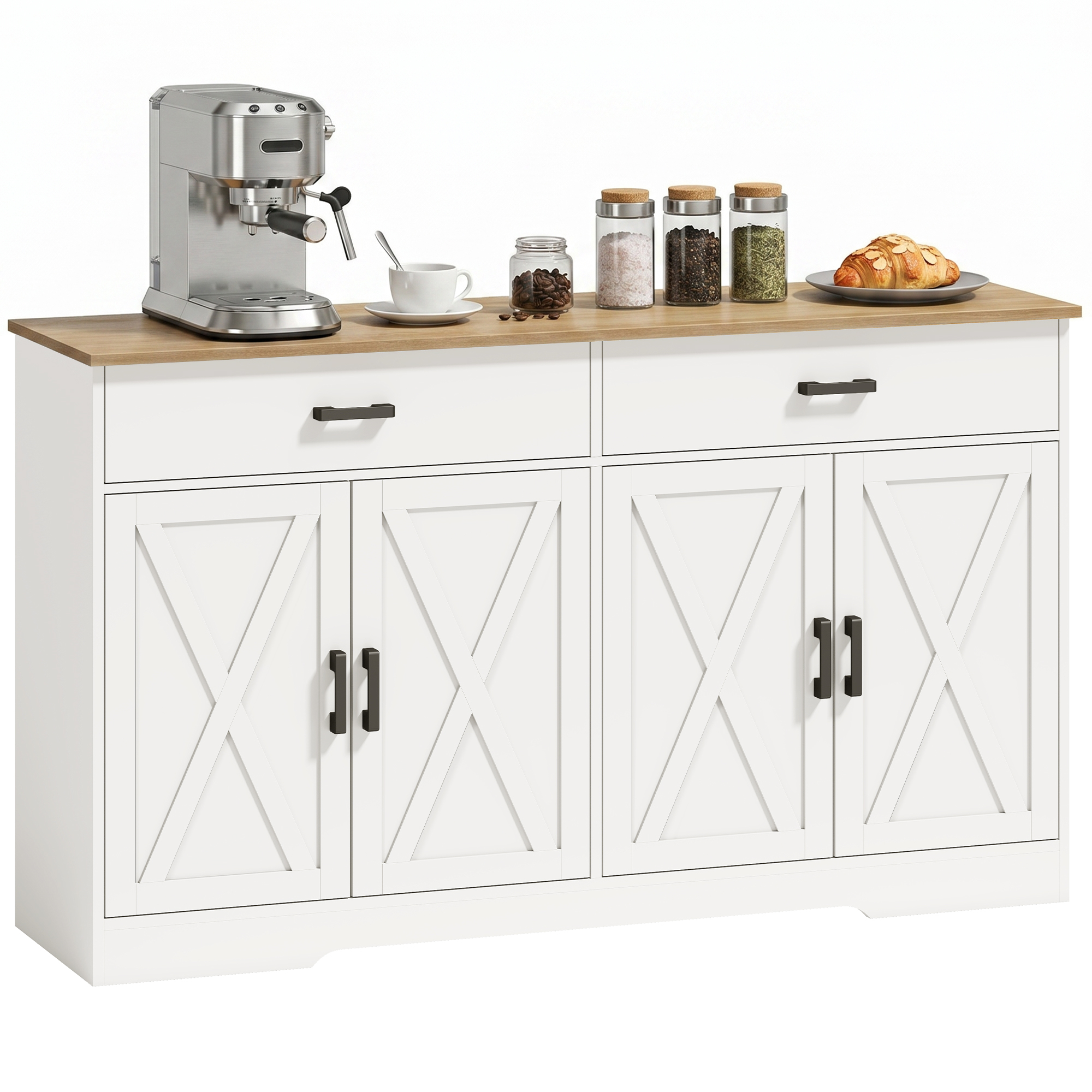 Küchen-sideboard Im Landhausstil, 140 Cm, Mit 2 Schubladen Und 2 Schränken, Weiß
