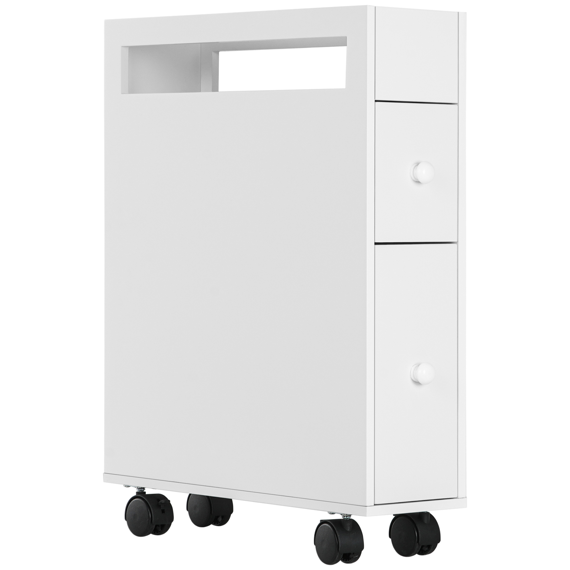 Platzsparender Badezimmerschrank Mit 4 Rollen, 2 Schubladen Und Einem Offenen Fach, 16 X 49,5 X 66 Cm, Weiß