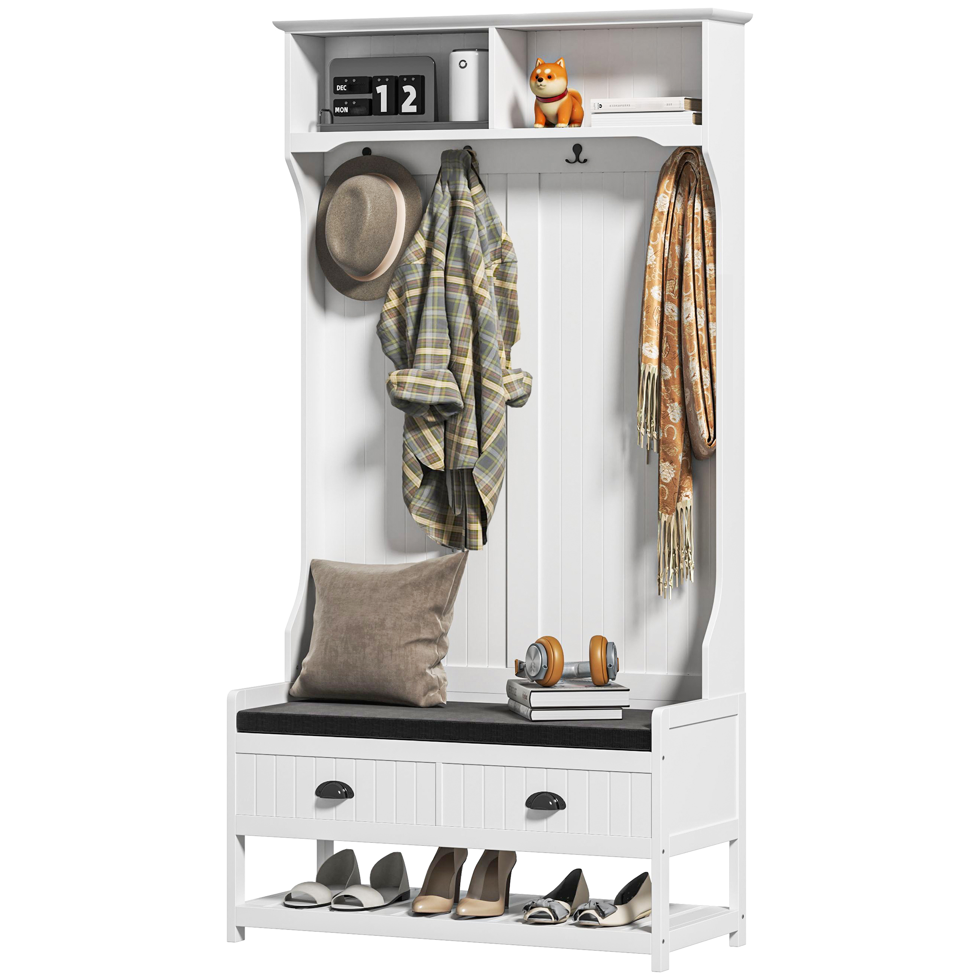 Garderobenständer Mit Haken, Schrank Mit Schuhbank, Für Eingangsbereich, Flur, Metall, Mdf, Weiß Und Grau
