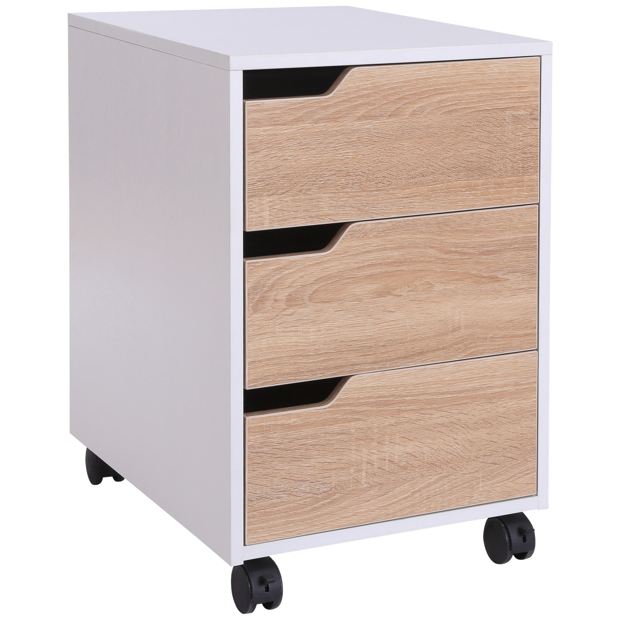 Kommode Aus Mdf Mit 3 Schubladen Und Rollen, Ideal Für Büro Oder Arbeitszimmer, Weiß Und Holzfarben, 40 X 50 X 57,5 Cm