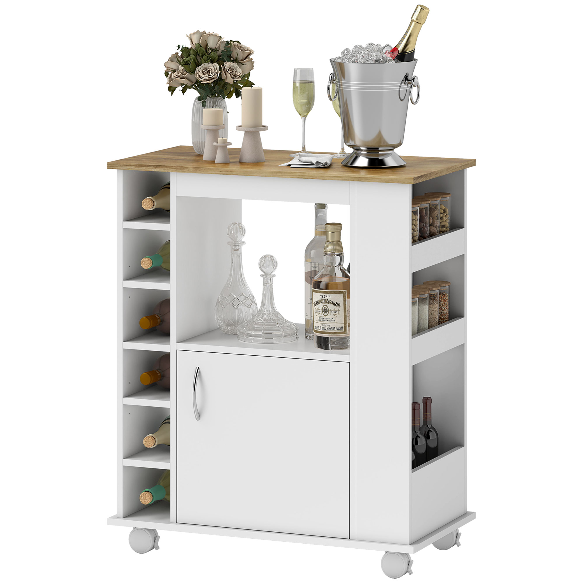 Küchenwagen Mit Schrank Und Verstellbaren Einlegeböden, Lenkrollen Und Bremse, 75 X 39,5 X 88 Cm, Weiß