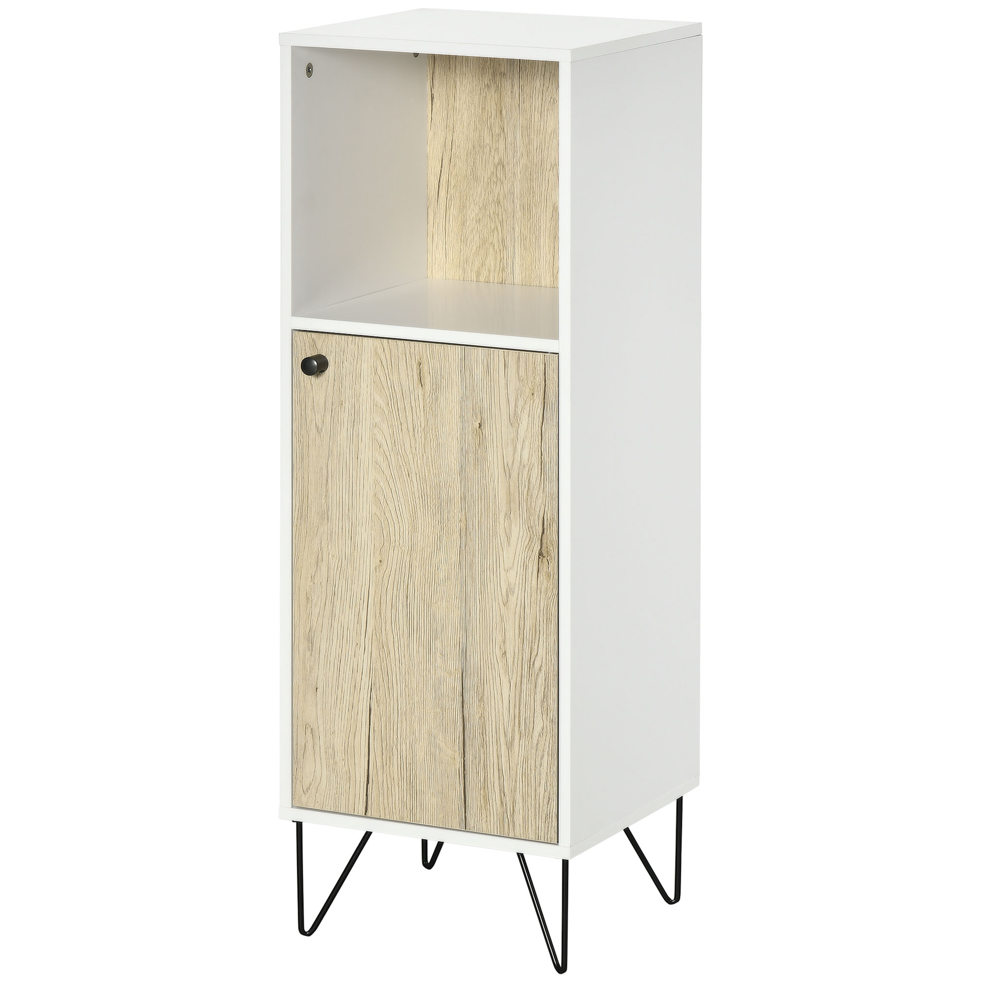 Badezimmerschrank Mit Offenem Regal Und Schranktür, Multifunktionales Und Platzsparendes Holzmöbelstück, 31,5 X 30 X 91 Cm, Eiche Und Weiß