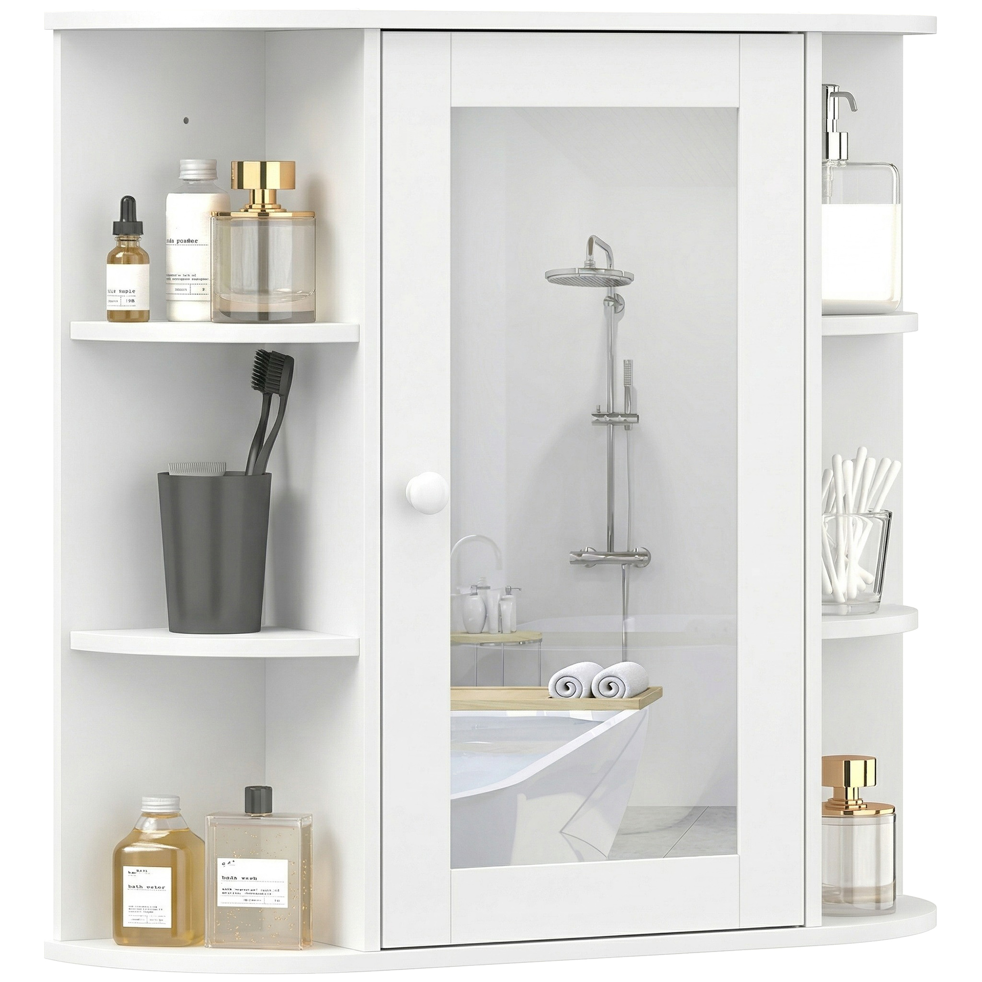 Badezimmerschrank Mit Spiegel, 6 Offenen Und 2 Geschlossenen Regalböden, 66 X 17 X 63 Cm, Glaswandschrank, Weiß