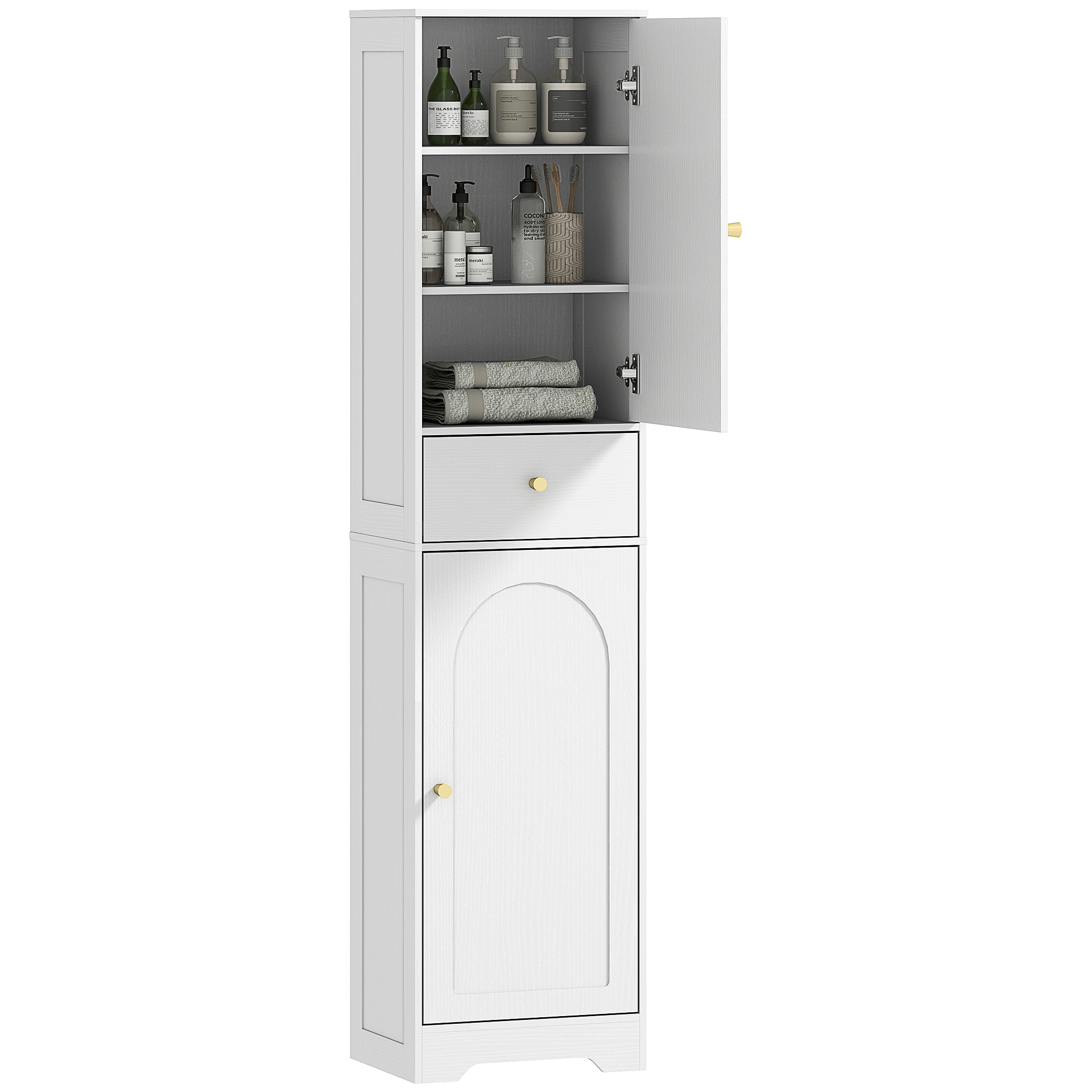 Hoher, Schmaler Badezimmerschrank Mit Zwei Bogentüren, Schublade Und Verstellbaren Einlegeböden, Modernes Design, 40 X 29,5 X 170 Cm, Weiße Holzoptik