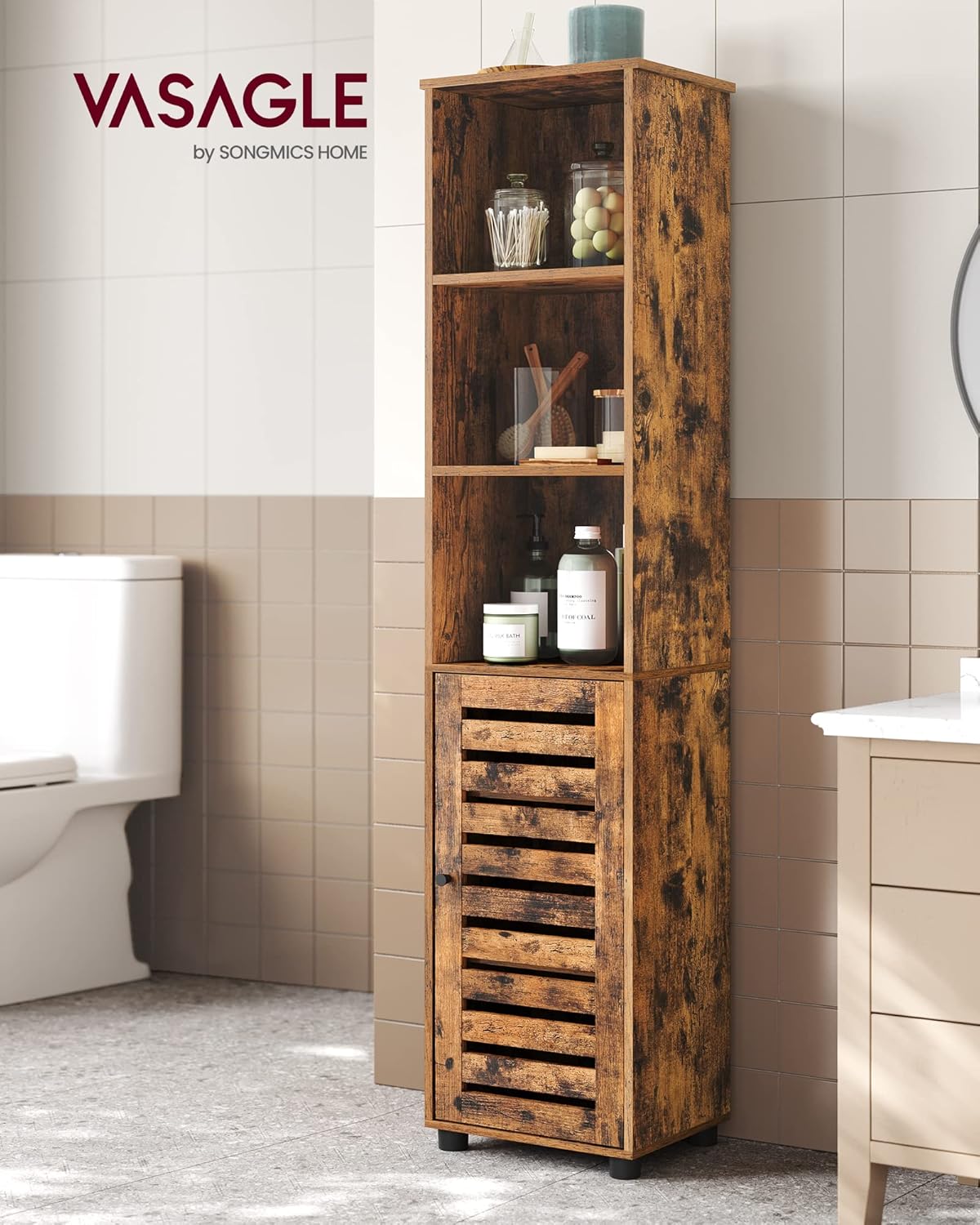 Badezimmerschrank, Hoher Badezimmerschrank, Mit 3 Offenen Fächern, 2 Verstellbaren Hintertürregalen, Für Badezimmer, Wohnzimmer, Eingangsbereich, Küche, Wohnzimmer, Rustikales Braun Bbk160x01