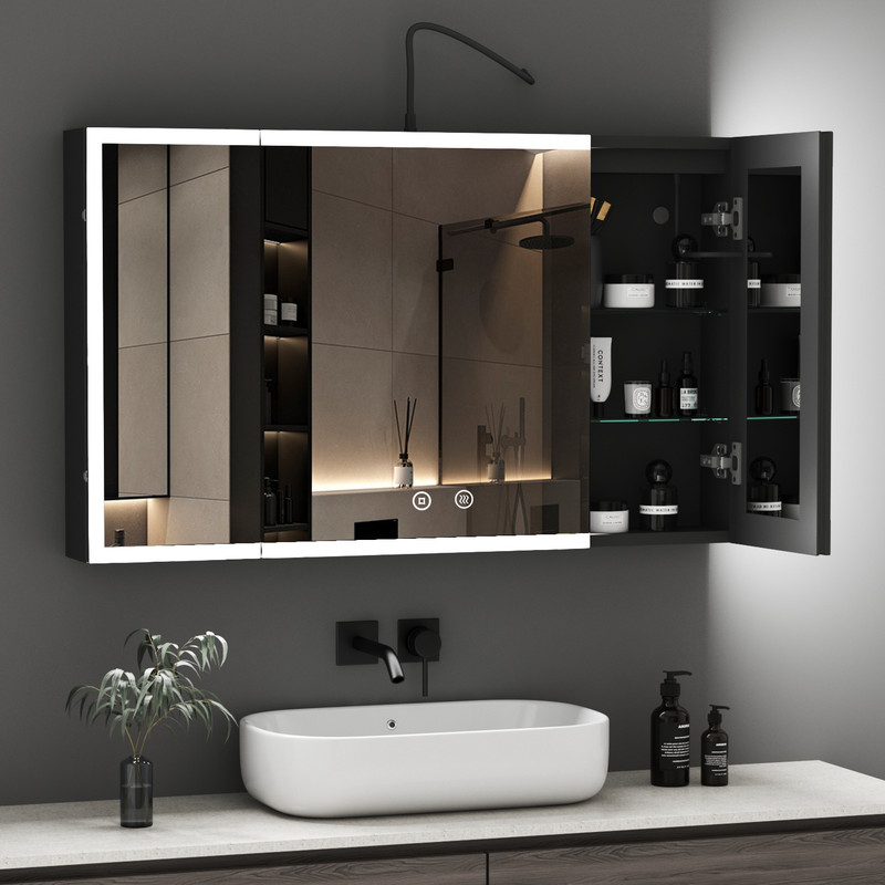 Großer Schwarz Spiegelschrank Bad Mit Beleuchtung 100x60cm Komplett Vormontiert Spiegelschrank Mit Beleuchtung Badezimmerschrank Hängeschränke Mit 3 Einstellbare Lichtfarben, Beschlagfrei