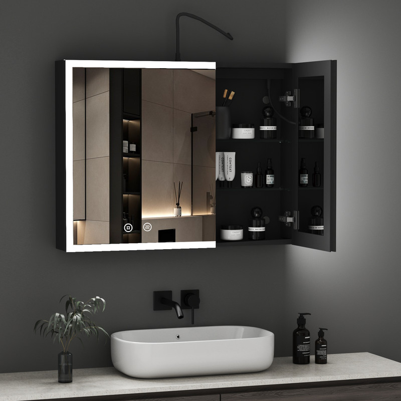 Schwarz Spiegelschrank Bad Mit Beleuchtung 80x60cm Komplett Vormontiert Spiegelschrank Mit Beleuchtung Badezimmerschrank Hängeschränke Medizin Kabinett Mit 3 Einstellbare Lichtfarben, Beschlagfrei