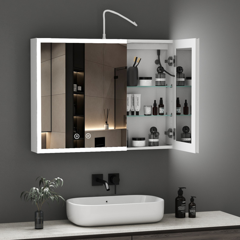 Weiß Spiegelschrank Bad Mit Beleuchtung 80x60cm Komplett Vormontiert Spiegelschrank Mit Beleuchtung Badezimmerschrank Hängeschränke Medizin Kabinett Mit 3 Einstellbare Lichtfarben, Beschlagfrei