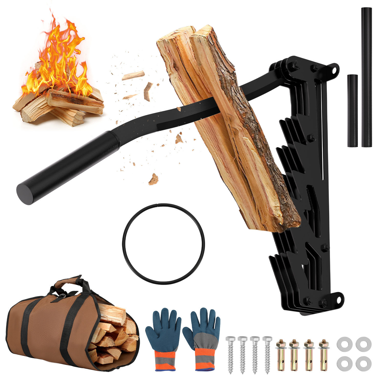 Wolketon Manueller Holzspalter Für Kaminholz Mit Abnehmbarem Verlängerungsgriff Und Zubehör, Wandmontage, Schwarz