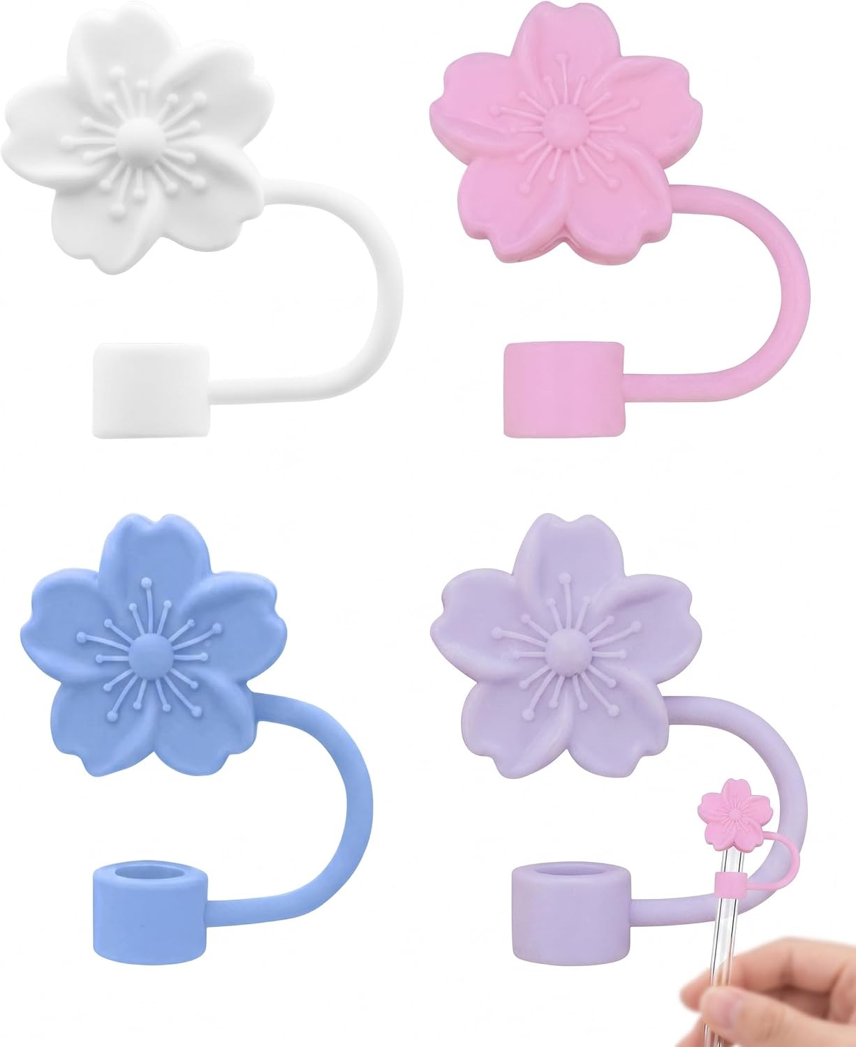 4er-set Silikon-strohhalmverschlüsse Für Stanley Cups, Kirschblüten-design, Staub- Und Auslaufsicher, Weiß, Rosa, Blau, Lila – Trinkbecher-zubehör