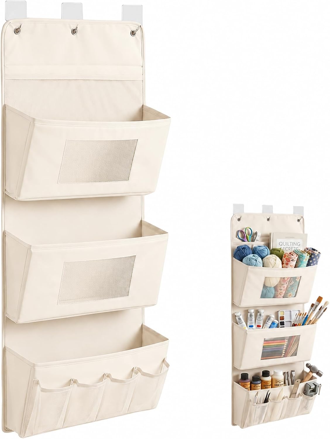 Hängende Aufbewahrungstasche 40 X 90 Cm, Wandmontierte Aufbewahrungstasche Mit 3 Haken Und Tasche, Hängeorganizer Aus Oxford-gewebe Für Schlafzimmer, Badezimmer, Küche, Büro (beige)