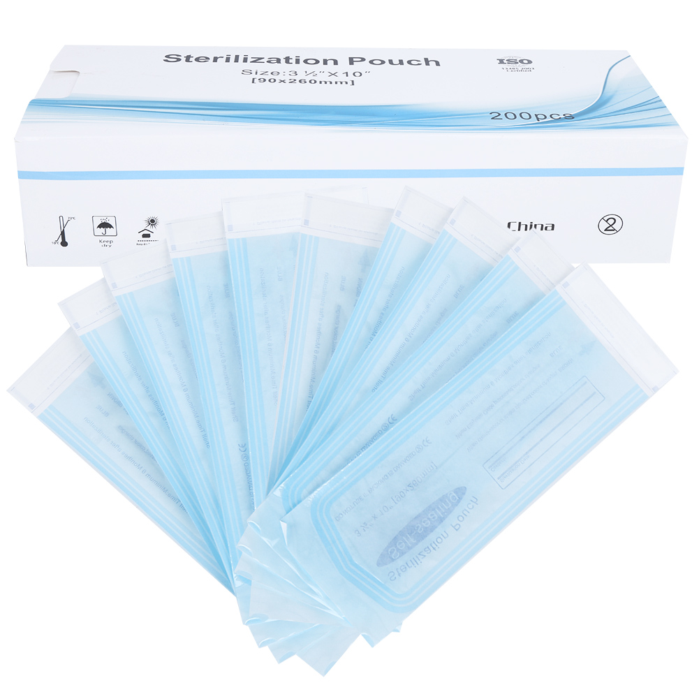 200 Selbstverschließende Beutel Für Zahnärztliches Zubehör, Blaue Transparente Pvc-beutel Zur Sterilisation (90 X 260 Mm)