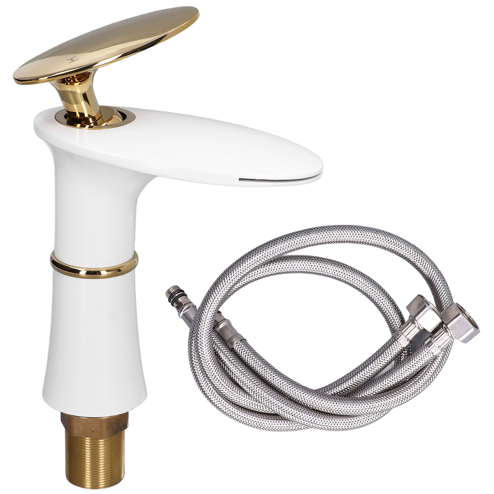 G1/2 Badezimmerarmatur, Einloch-wasserfallarmatur Für Waschbecken, Ideal Für Zuhause Oder Büro, Weiß Und Gold, Kurze Ausführung Mit Goldenem Griff.