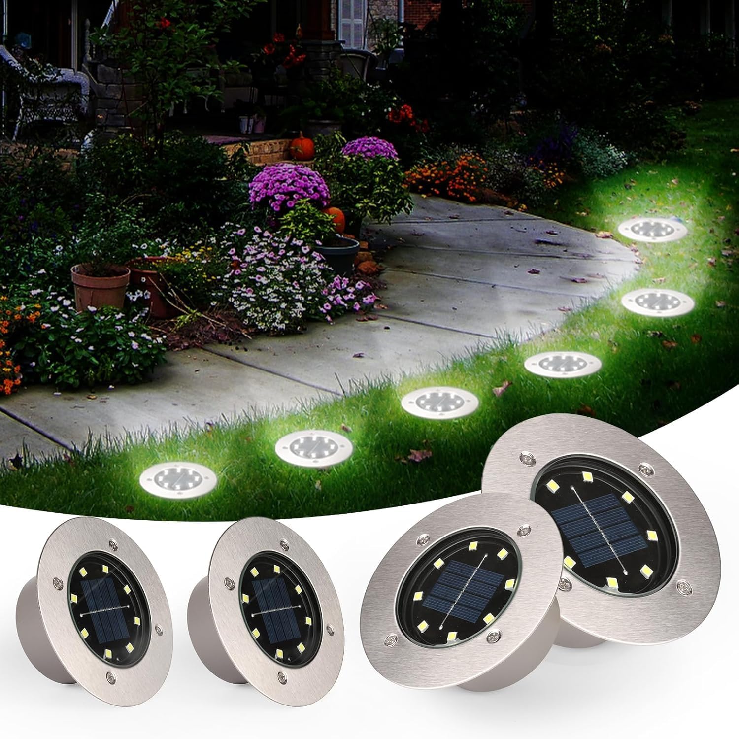 4-teiliges Solar-gartenleuchten-set Für Den Außenbereich, 8 Wasserdichte Led-solar-bodenleuchten (ip65), Einbau-solarstrahler Für Wege, Höfe, Terrassen, Rasenflächen Und Gärten, Kaltweiß [energieklass