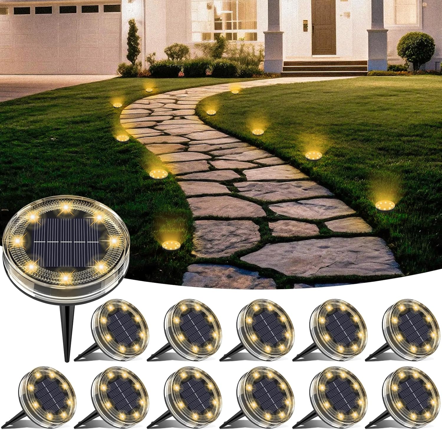 Set Mit 12 Solar-bodenleuchten, 8 Led-solar-gartenleuchten Für Den Außenbereich, Ip68 Wasserdicht, Solar-außenstrahler Für Wege, Rasenflächen, Terrassen, Einfahrten, Höfe, Pools, Gehwege, Warmweiß [en