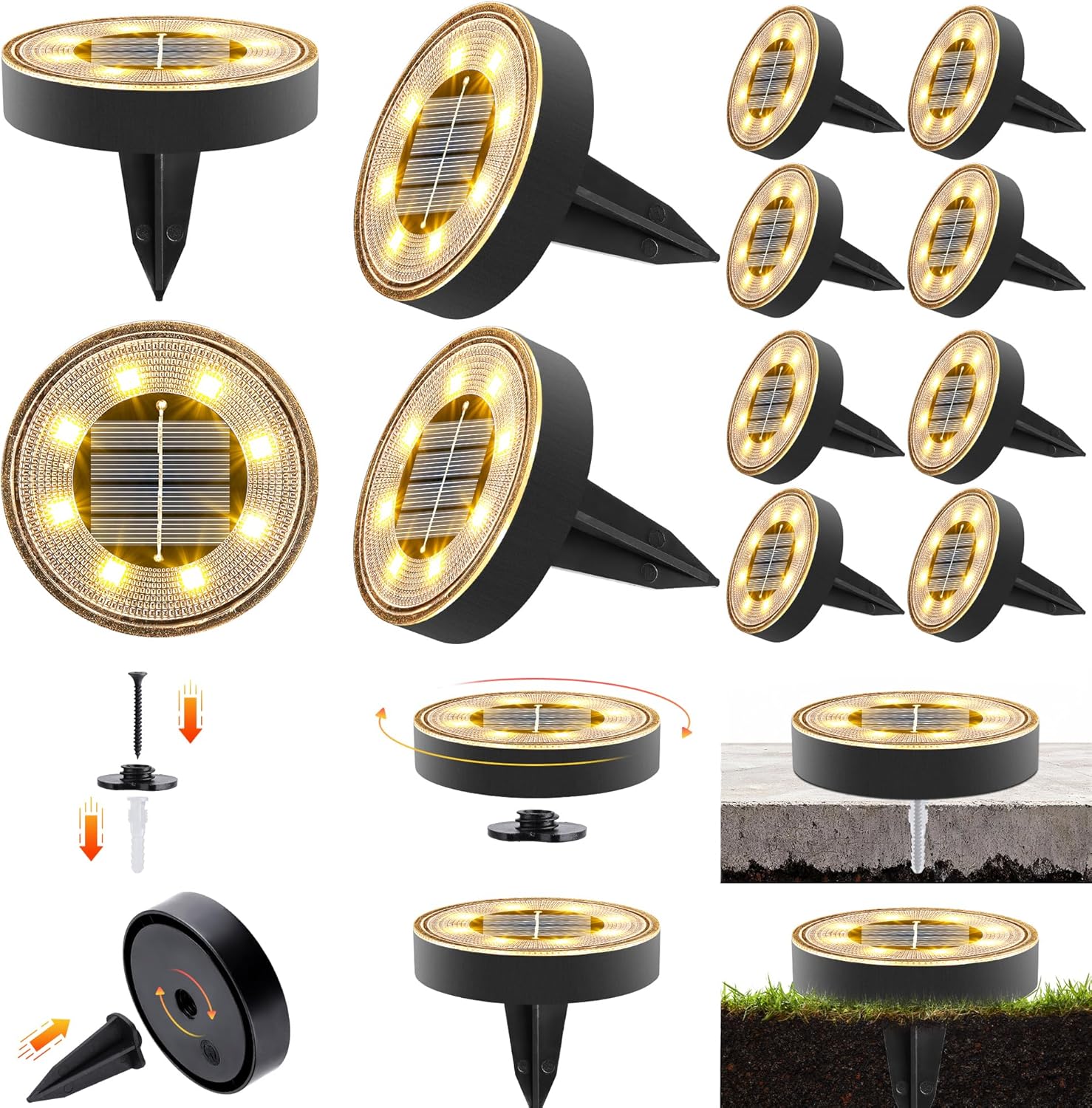 Solar-gartenleuchten Für Den Außenbereich, Warmweiß, 12er-pack Wasserdichte 8-led-solar-bodenleuchten Zur Beleuchtung Von Wegen, Höfen, Terrassen, Rasenflächen Und Einfahrten