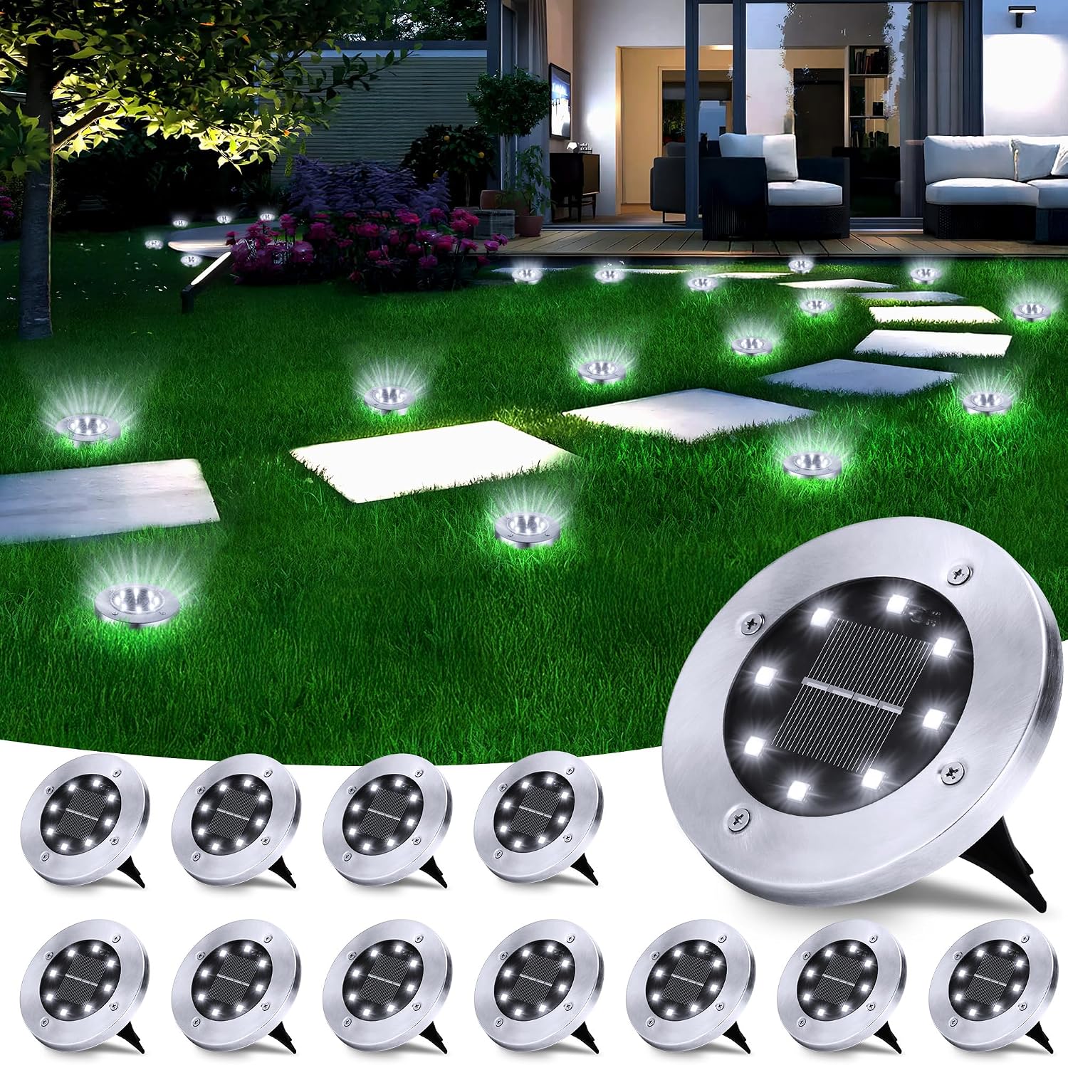 Set Mit 12 Philzops Solar-bodenleuchten, Solar-außenleuchten Mit 8 Leds, Kaltweiße, Wasserdichte Solar-gartenleuchten, Einbau-solarstrahler Für Rasenflächen, Wege, Terrassen, Höfe, Einfahrten Und Pool
