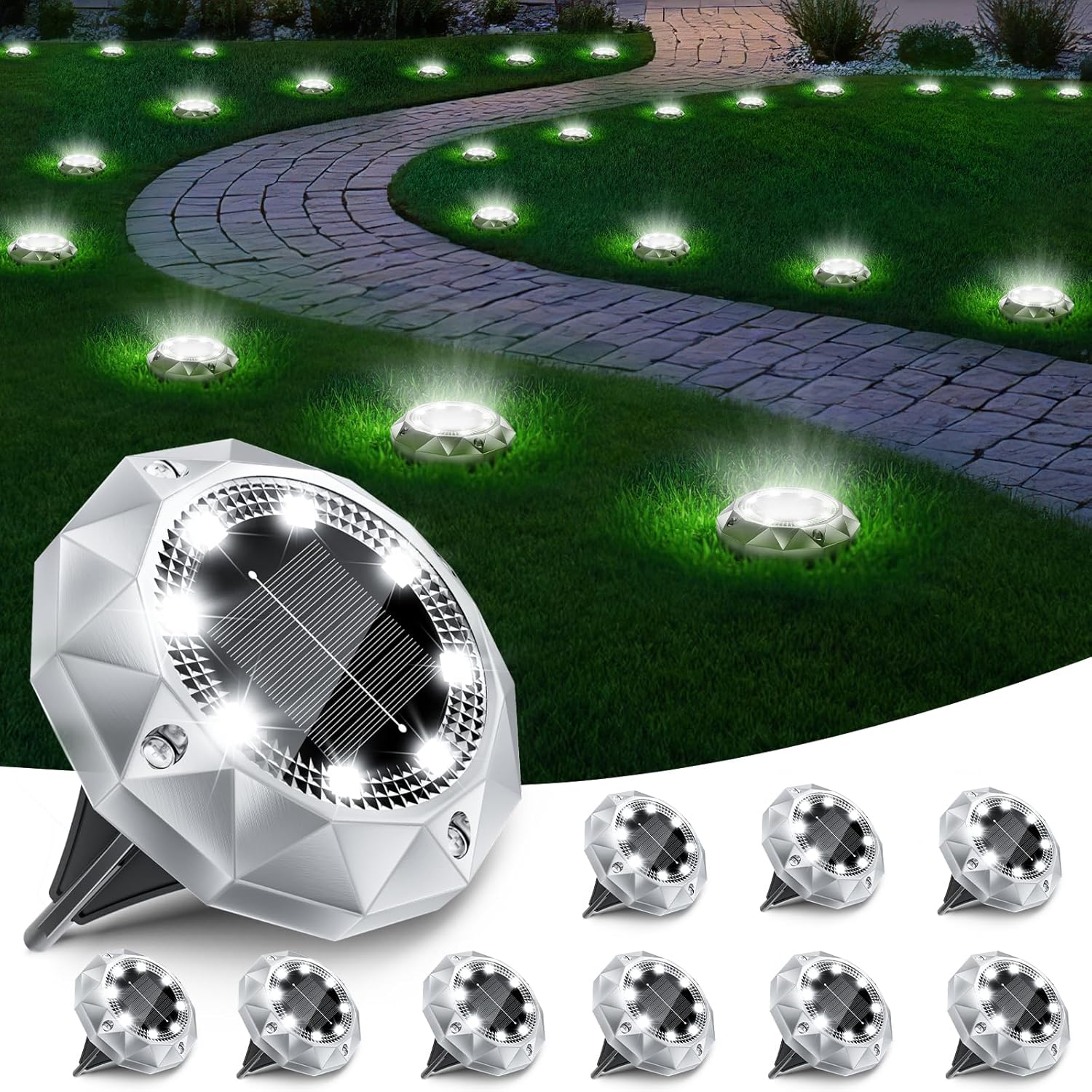 Set Mit 10 Solar-gartenbodenleuchten, 8 Led-solar-außenleuchten, Ip65 Wasserdicht, Einbau-solarstrahler Für Wege, Rasenflächen, Höfe, Gärten, Pools, Einfahrten, Kaltweiß [energieklasse E]