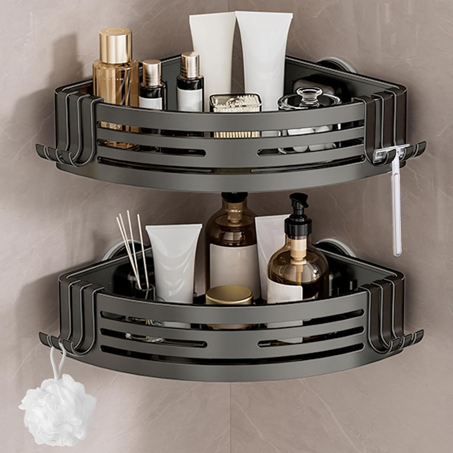 Eckregal Für Badezimmer Ohne Bohren, Starke Saugnäpfe, Abnehmbares Rostfreies Aluminium, Eckduschregal Für Dusche & Küche (2er-set, Gunmetal Grey)