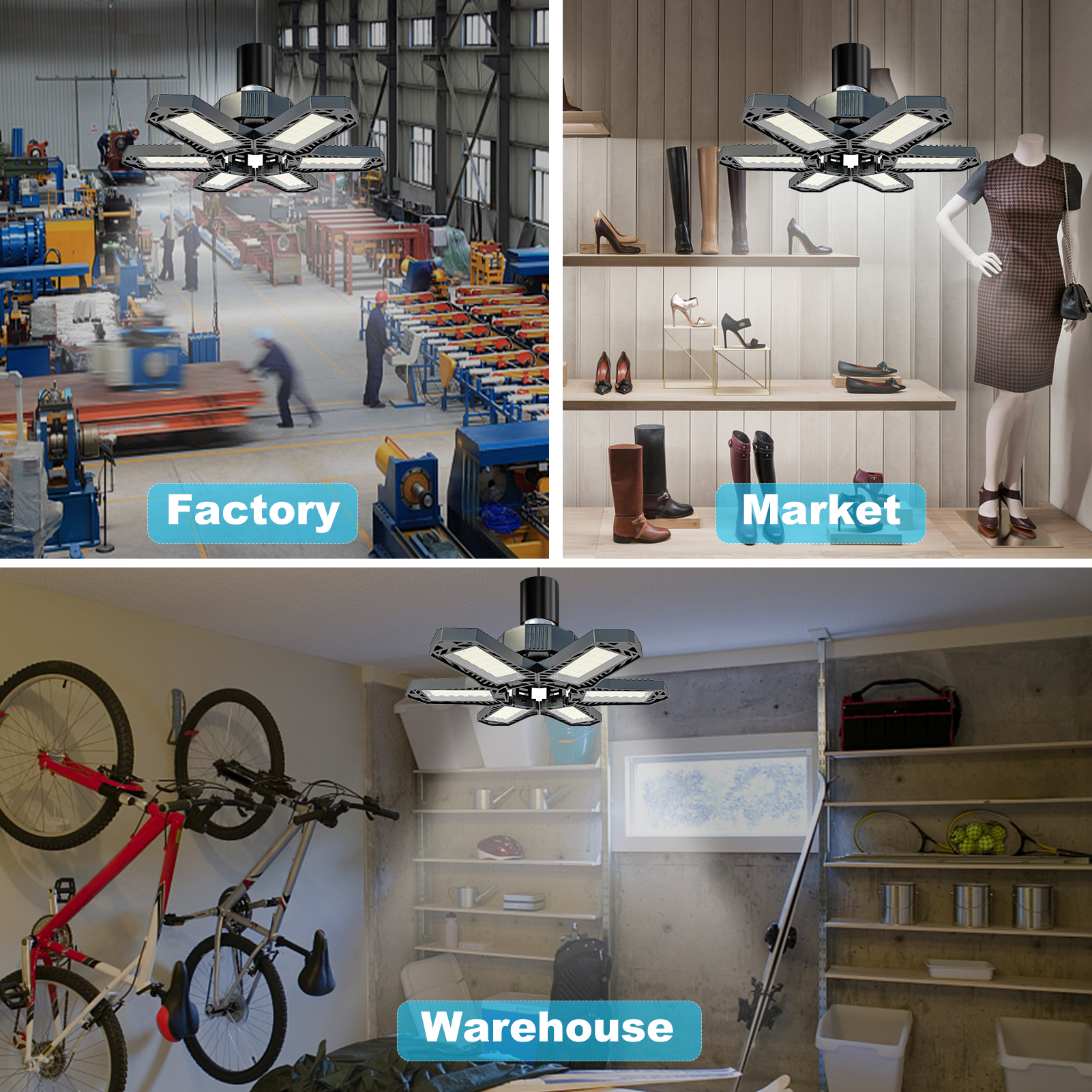 Led-deckenleuchten Für Garagen – Mini-deckenleuchten Mit 6 Verstellbaren Paneelen Und Einem Verformbaren Ventilator, 100–265 V, 1500 Lm, 6500 K, E27/e26-sockel, Für Dachböden Und Keller