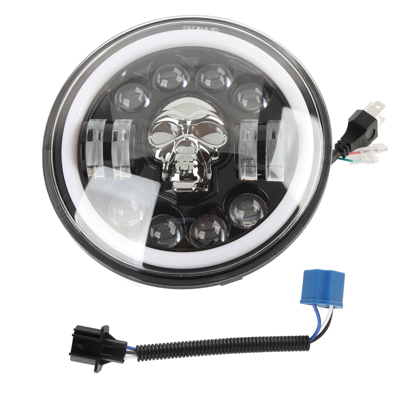 7-zoll-led-angel-eyes-scheinwerfer Für Motorräder, Totenkopf-design, Weißes Licht, Wasserdicht, Universell Und Verstellbar