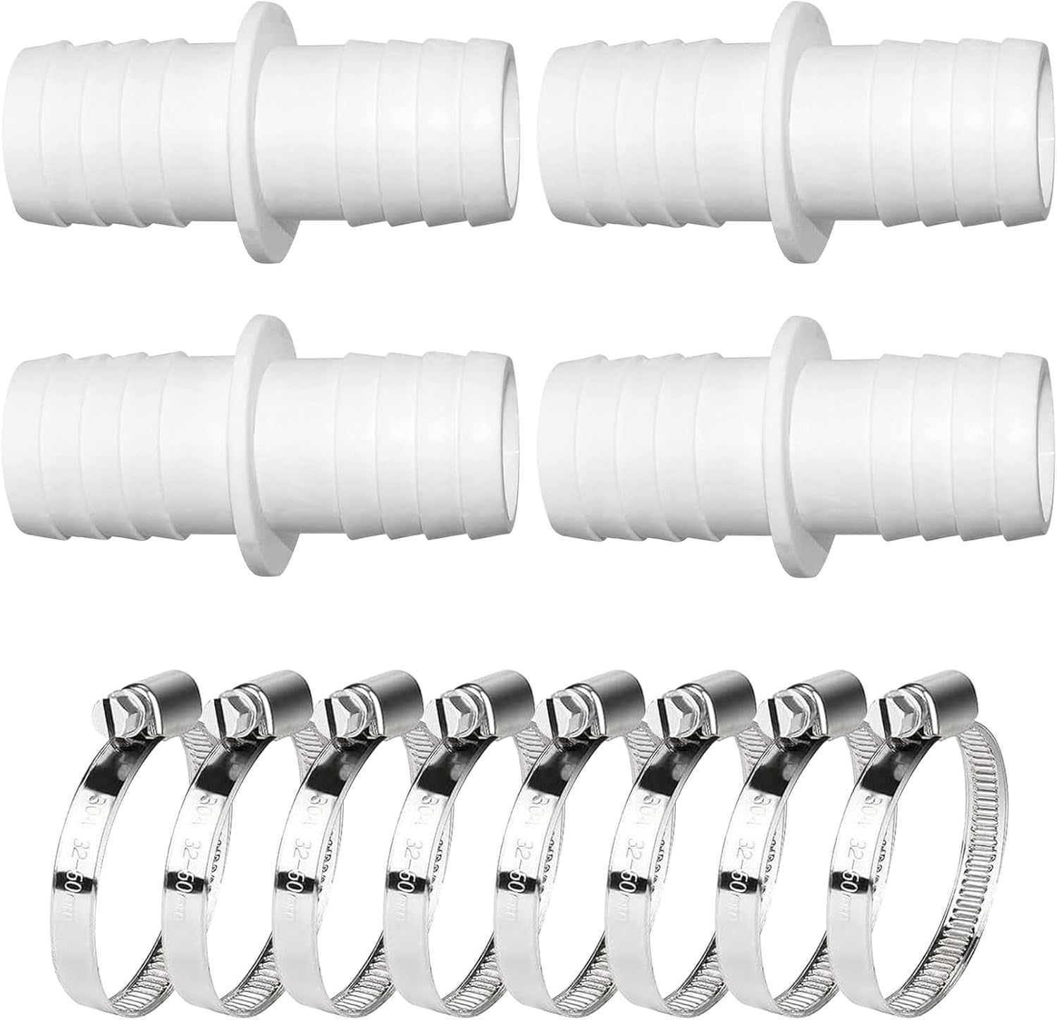 Set Mit 4 Pooladaptern 32 Auf 32 Mm, Schlauchverbinder 32 Auf 32 Mm, Poolschlauchadapter Mit 8 Edelstahl-schlauchschellen (4 Stück 32-32 Mm)