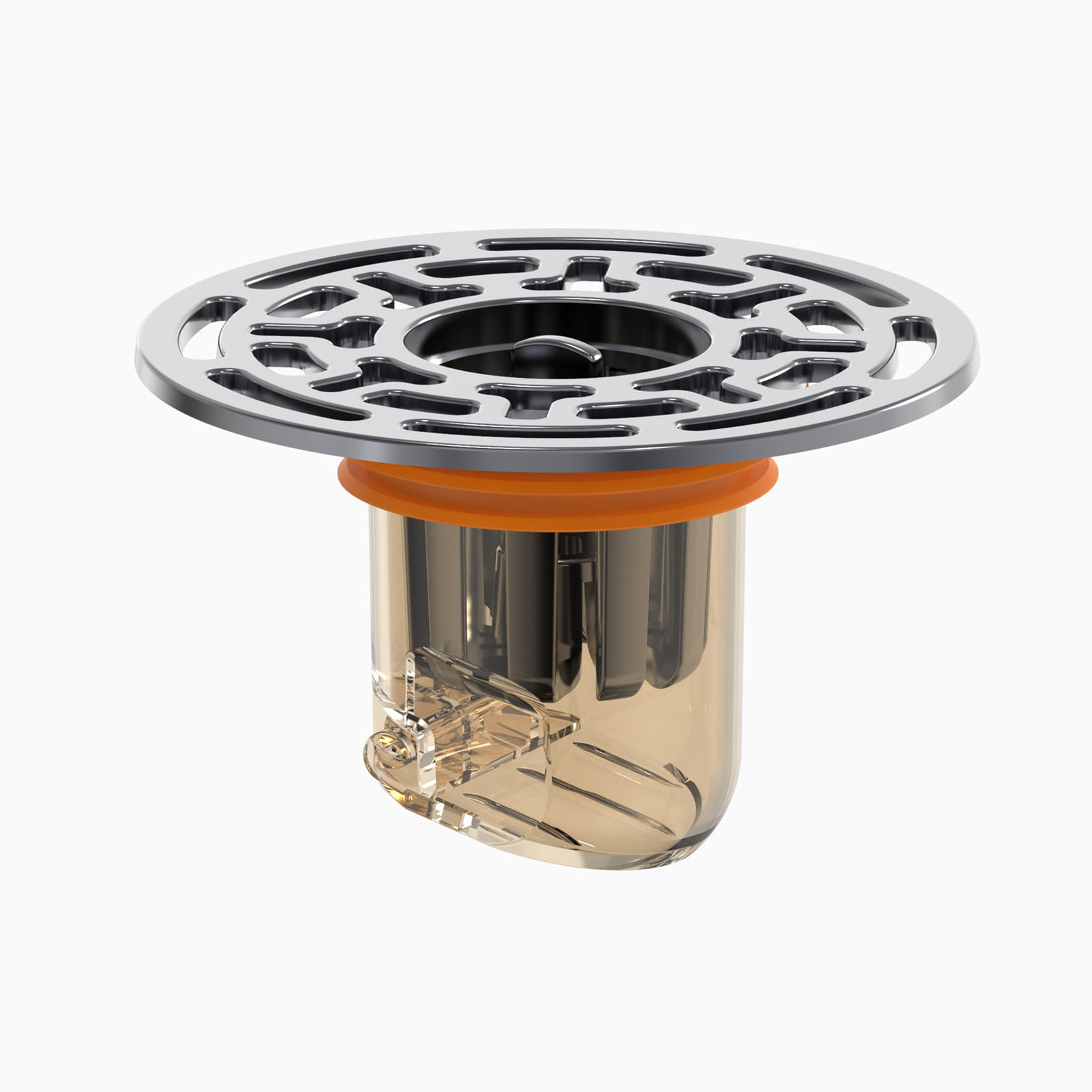 Professioneller, Wasserdichter, Rückflusssicherer Und Geruchsdichter Bodenablauf Für Bad, Küche Und Dusche Mit Orangefarbenem Deckel.