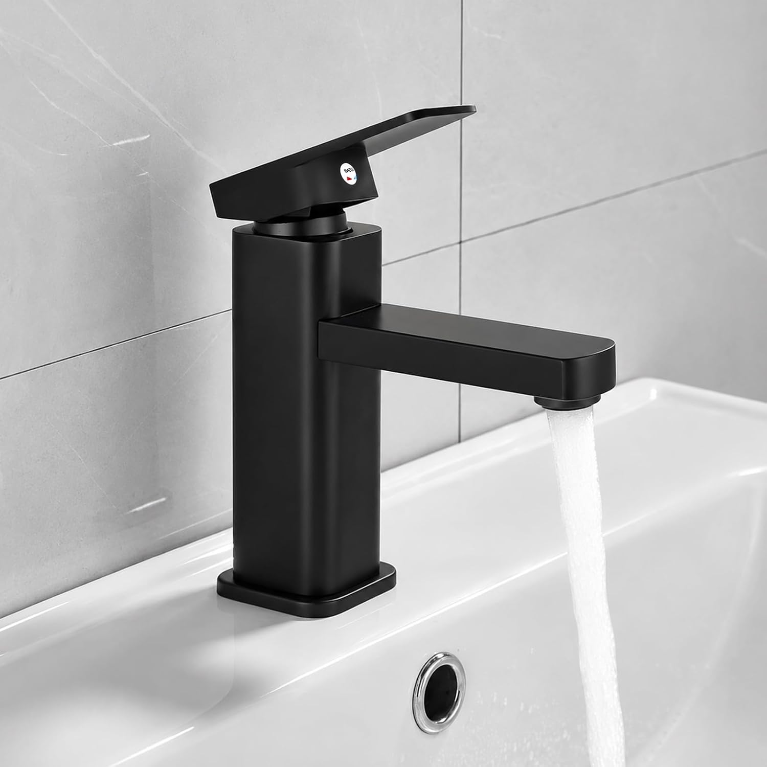 Waschtischarmatur Mit Schlüsselschalter, Schwarz, Für Warm- Und Kaltwasser, Einhebelmischer, Matt Schwarz, Für Badezimmerwaschbecken Aus Stahl