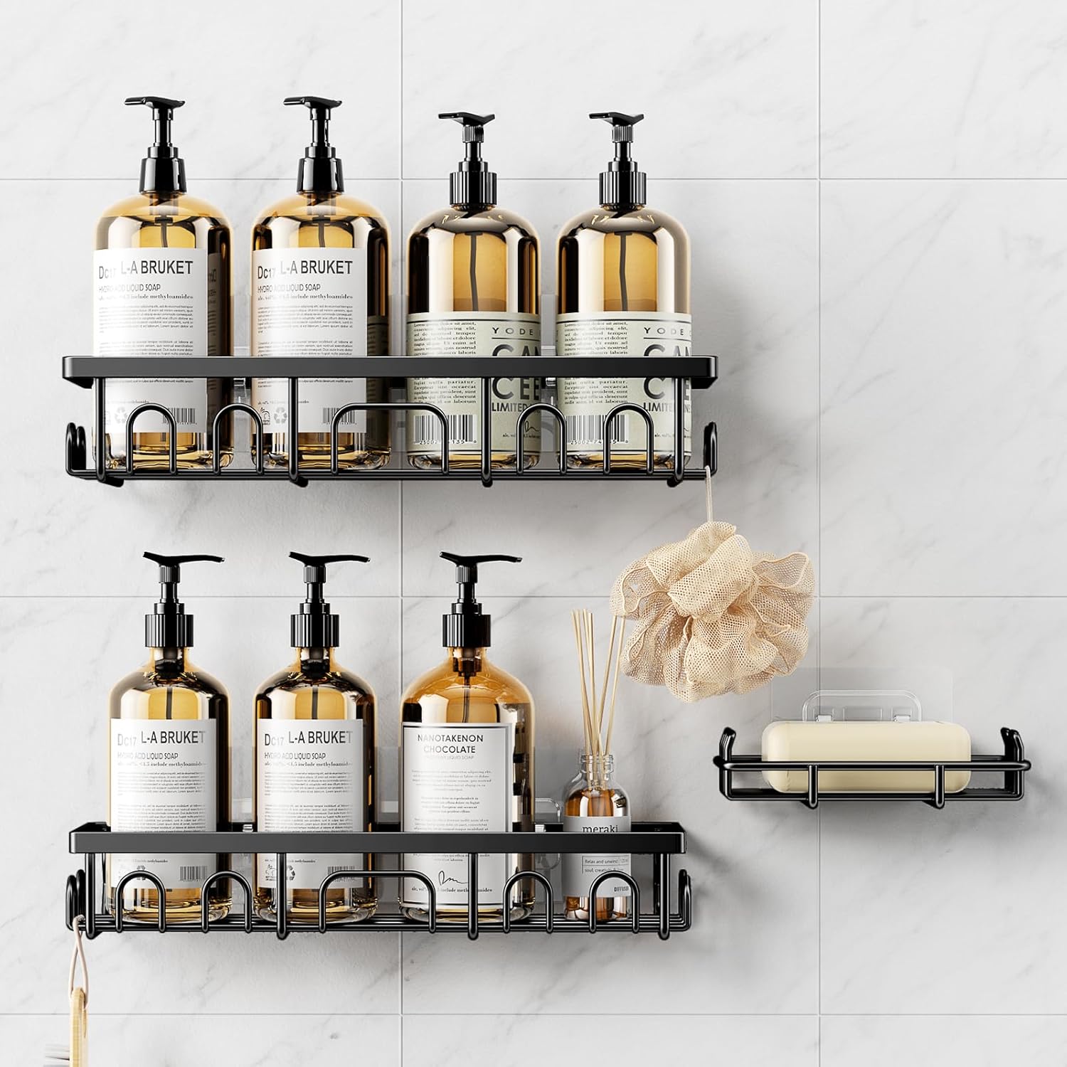 3-teiliges Duschregal-set Aus Rostfreiem Edelstahl – Kein Bohren Erforderlich – Schwarz Badezimmeraufbewahrung, Badezimmeraccessoire, Zahnbürsten- Und Seifenhalter-set, Wandregal