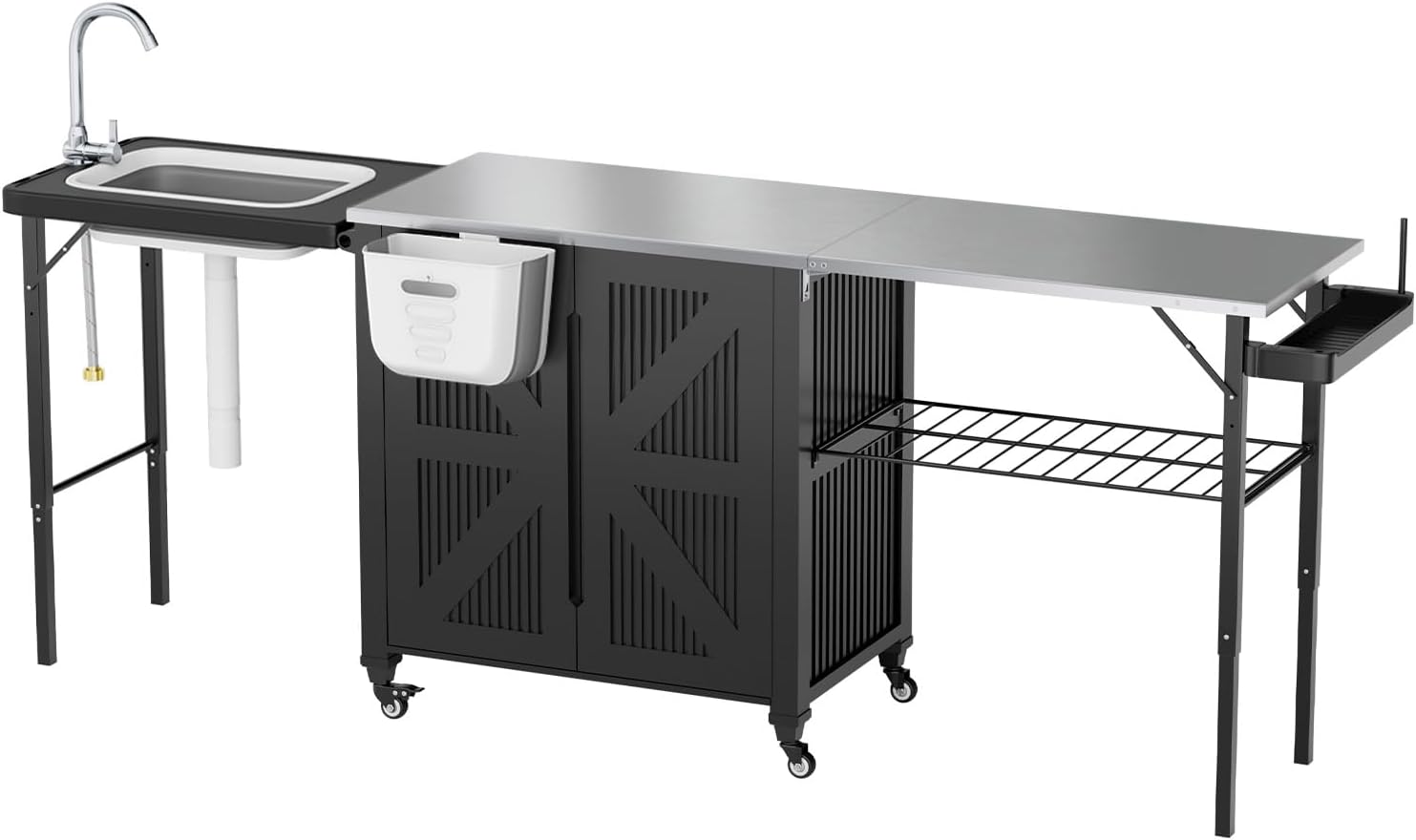 Yodolla Grillwagen, Klappbare Outdoorküche Aus Edelstahl Für Terrasse Rollbare Kücheninsel Die Staufach, Spülbecken, Küchenwagen, Vorbereitungstisch Und Grillstation In Einem Vereint
