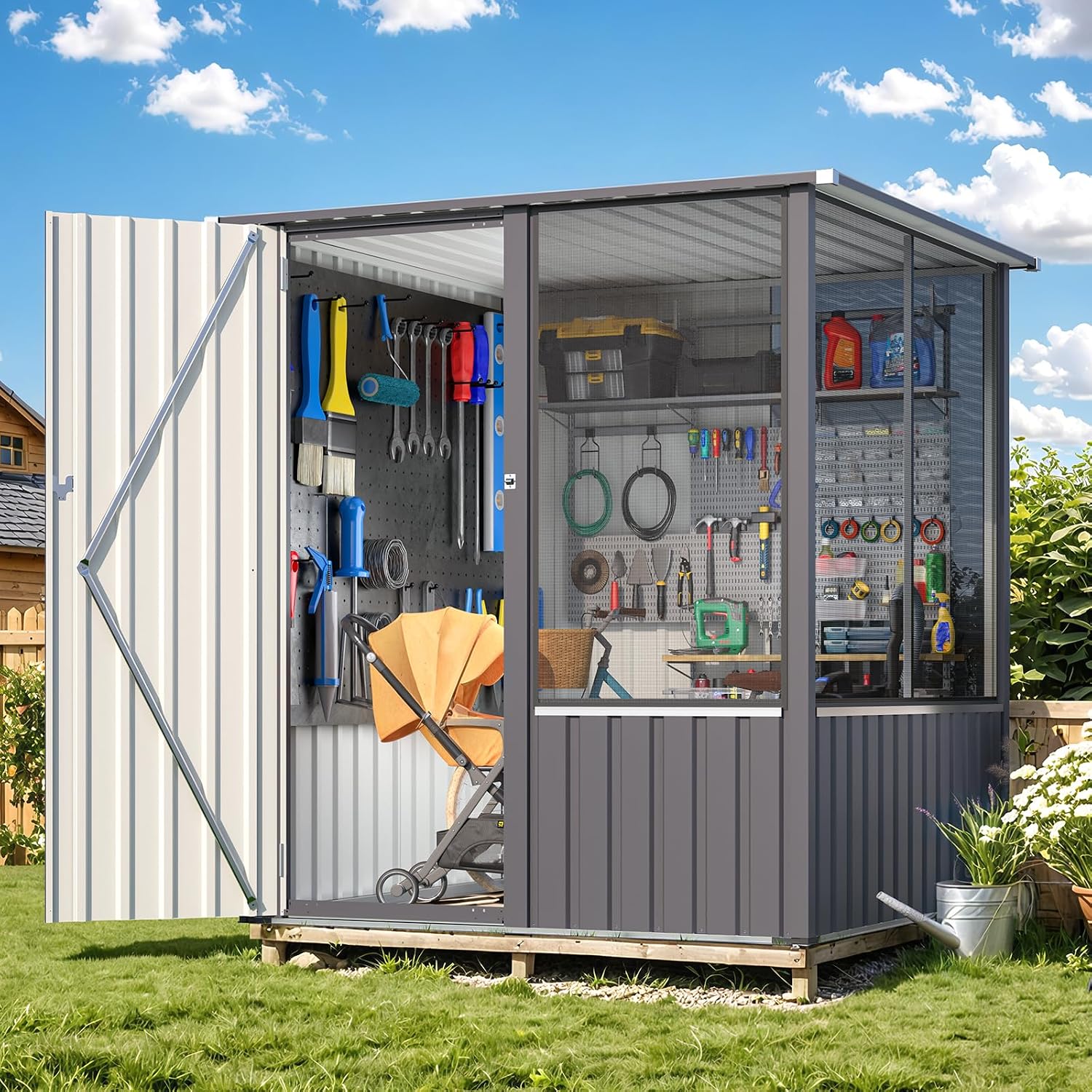 Yodolla Gerätehaus, 163x158x174 Cm Metall Geräteschuppen Mit Schloss, Grau Gartenschrank Wasserdicht Mit Sichtfenster Für Gartenwerkzeuge, Als Voliere, Fahrradunterstand Oder Für Den Garten
