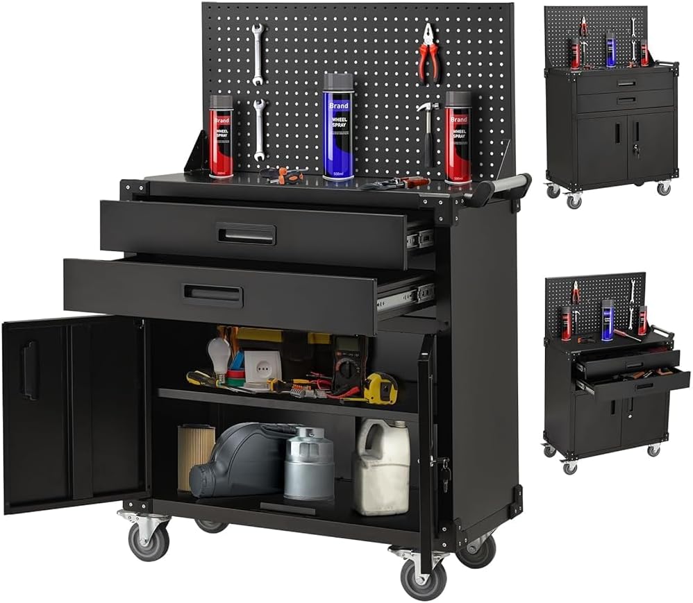 Yodolla 132 Cm Hohe Werkbank Mit Lochwand, Schubladen Und Schränken Schweres Metallgestell, Schrank-organizer & Fahrbarer Werkzeugtisch Für Garage, Werkstatt & Küche