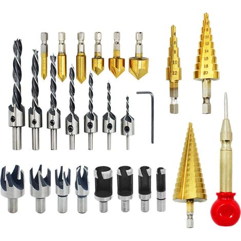 Set Mit 26 Senkbohrern, Holzbearbeitungsbohrer, Darunter 8 Holzdübelschneider, Ein Dreipunktbohrer Mit L-förmigem Schraubenschlüssel, 6 Senkbohrer Und Ein 3-stufen-bohrer Für Heimwerkerprojekte.